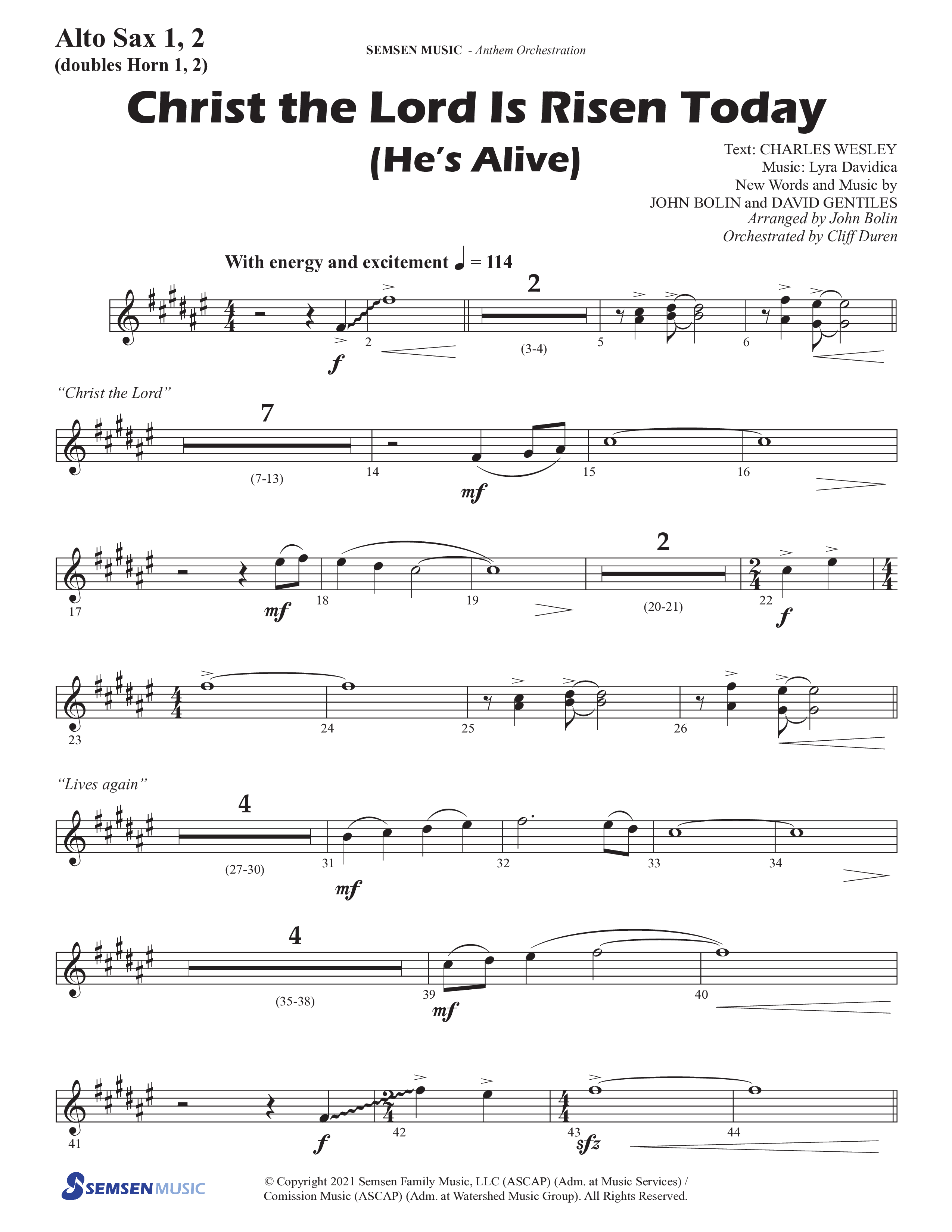 Christ The Lord Is Risen Today (He's Alive) (Choral Anthem SATB) Alto Sax 1/2 (Semsen Music / Arr. John Bolin / Orch. Cliff Duren)