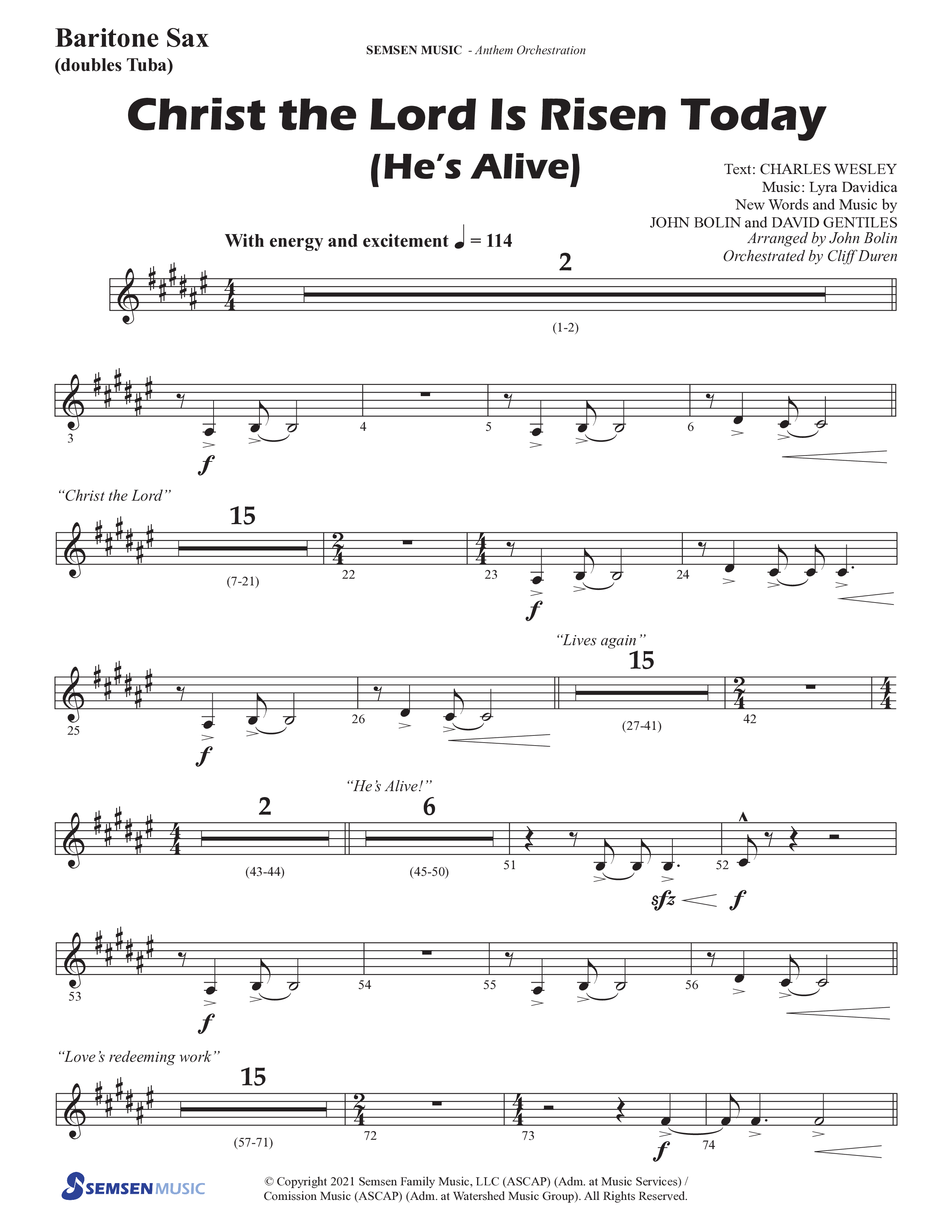 Christ The Lord Is Risen Today (He's Alive) (Choral Anthem SATB) Bari Sax (Semsen Music / Arr. John Bolin / Orch. Cliff Duren)