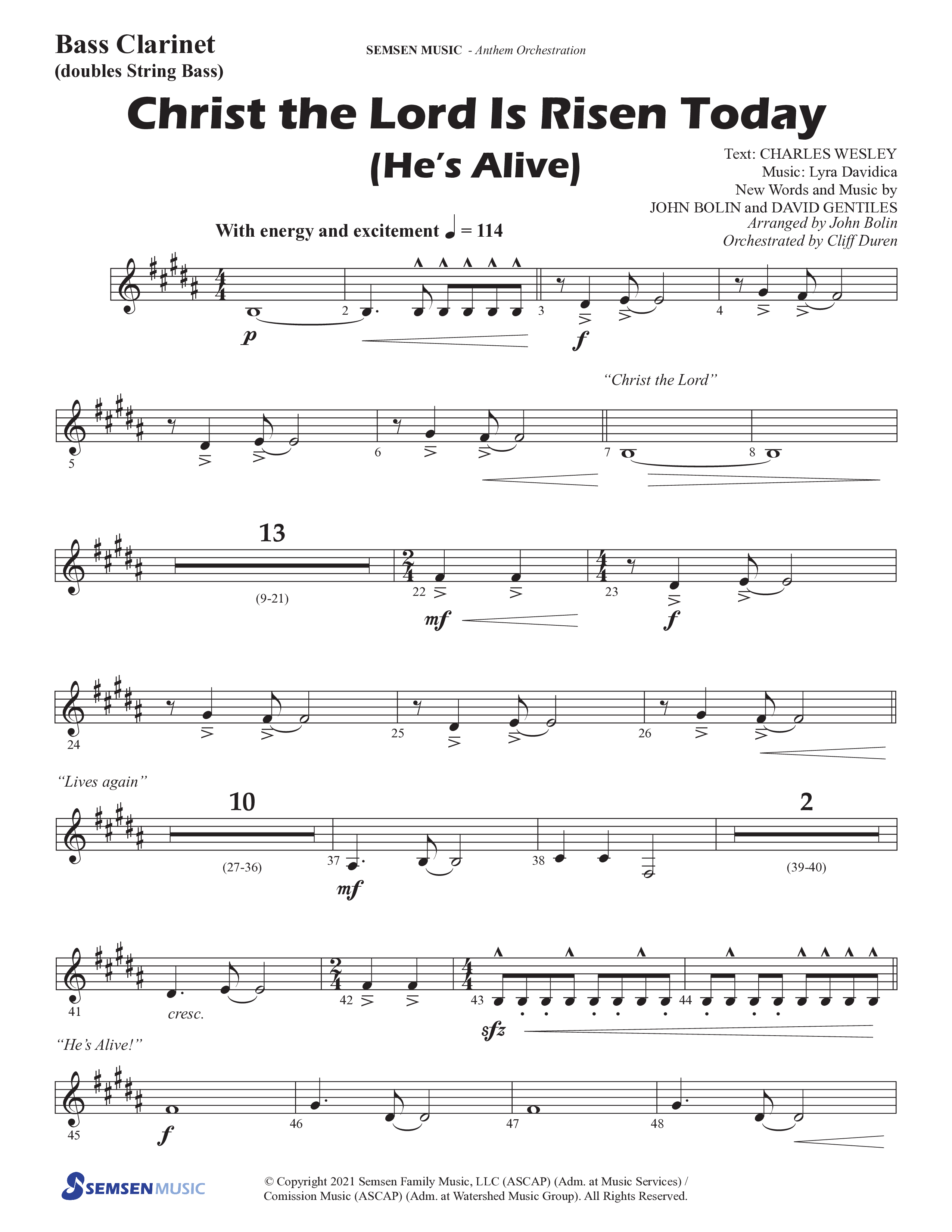 Christ The Lord Is Risen Today (He's Alive) (Choral Anthem SATB) Bass Clarinet (Semsen Music / Arr. John Bolin / Orch. Cliff Duren)
