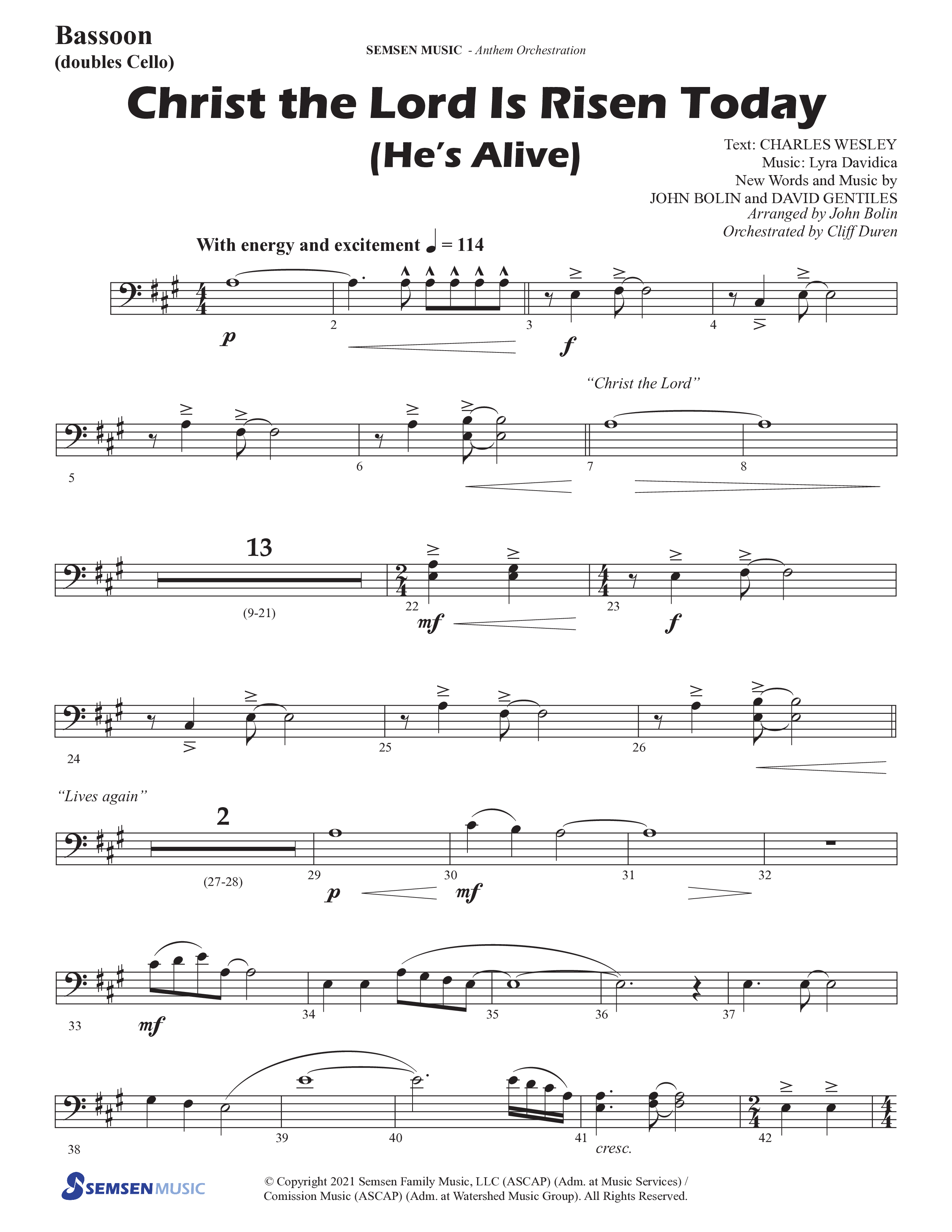 Christ The Lord Is Risen Today (He's Alive) (Choral Anthem SATB) Bassoon (Semsen Music / Arr. John Bolin / Orch. Cliff Duren)
