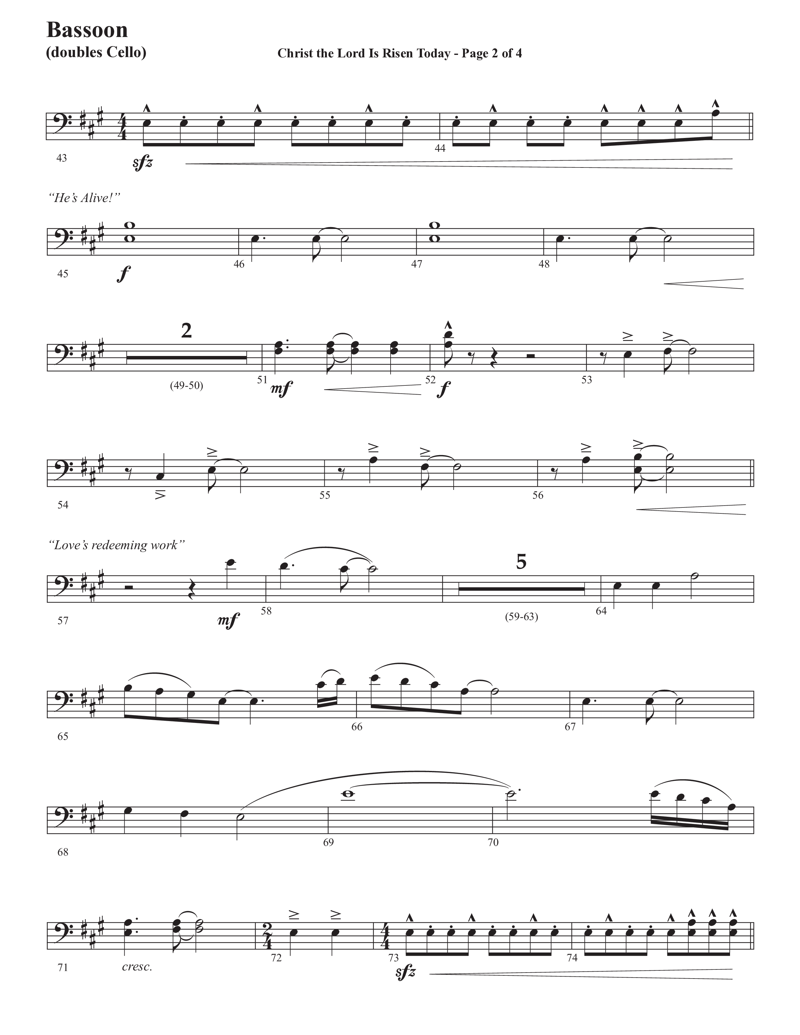 Christ The Lord Is Risen Today (He's Alive) (Choral Anthem SATB) Bassoon (Semsen Music / Arr. John Bolin / Orch. Cliff Duren)