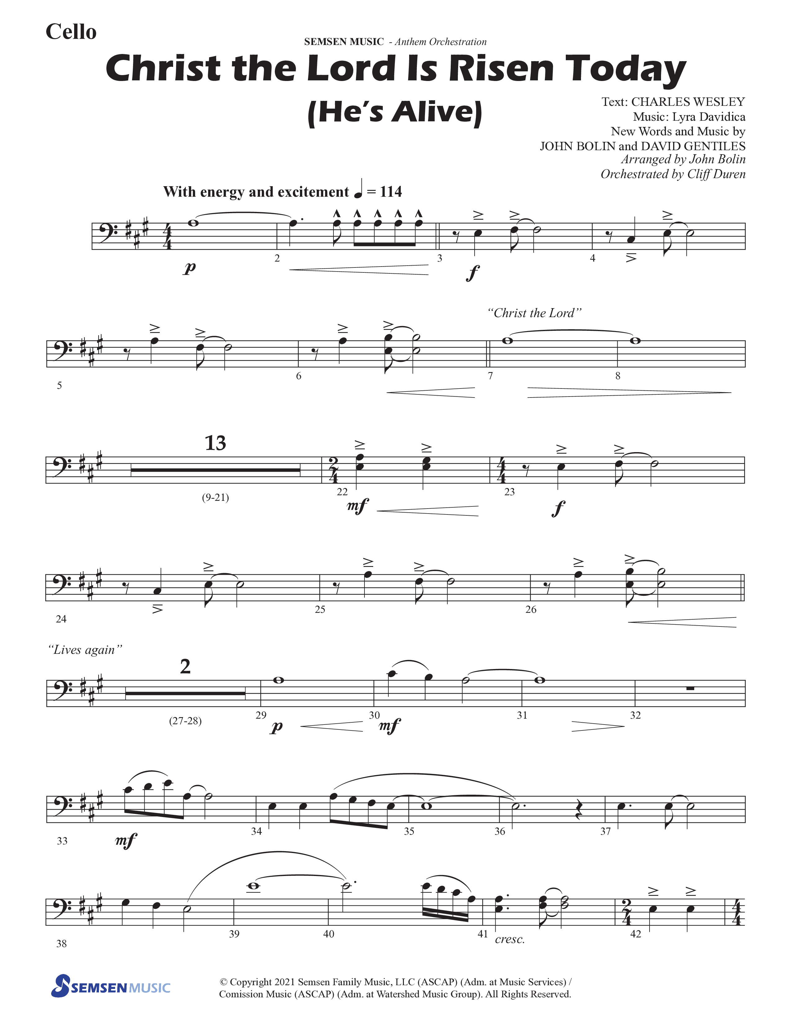 Christ The Lord Is Risen Today (He's Alive) (Choral Anthem SATB) Cello (Semsen Music / Arr. John Bolin / Orch. Cliff Duren)