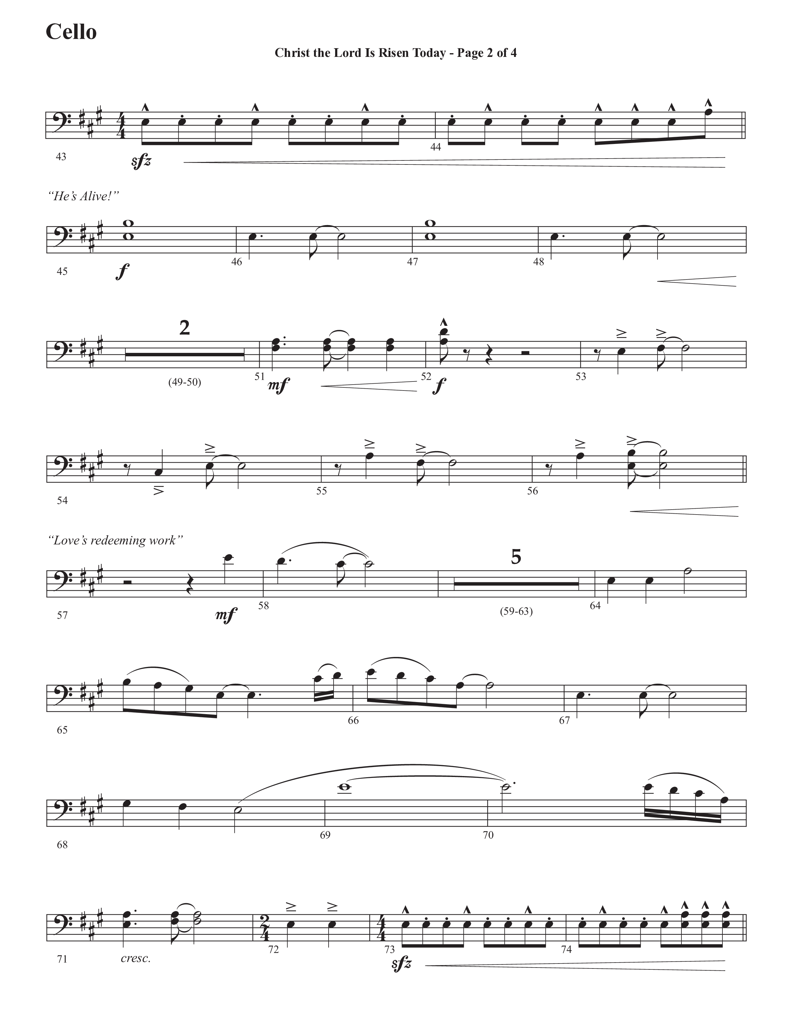 Christ The Lord Is Risen Today (He's Alive) (Choral Anthem SATB) Cello (Semsen Music / Arr. John Bolin / Orch. Cliff Duren)