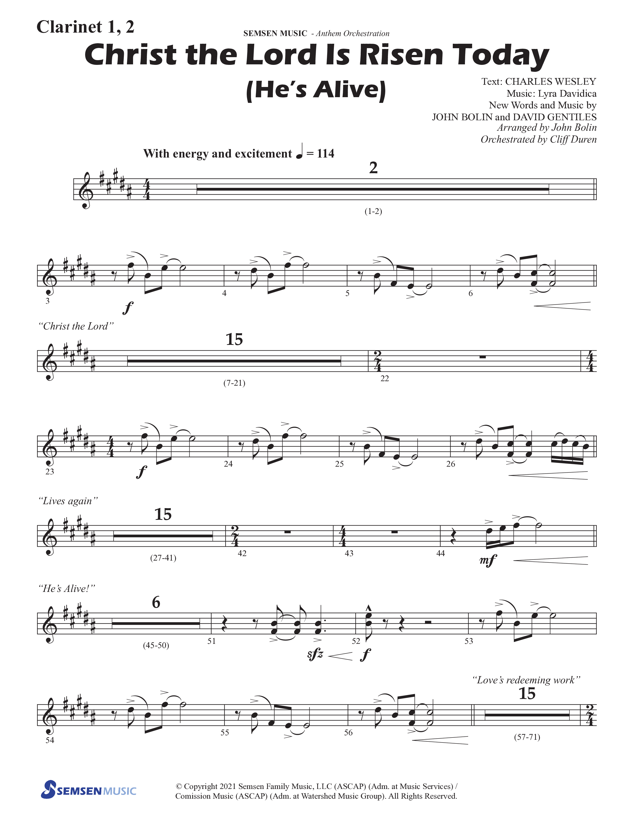 Christ The Lord Is Risen Today (He's Alive) (Choral Anthem SATB) Clarinet 1/2 (Semsen Music / Arr. John Bolin / Orch. Cliff Duren)