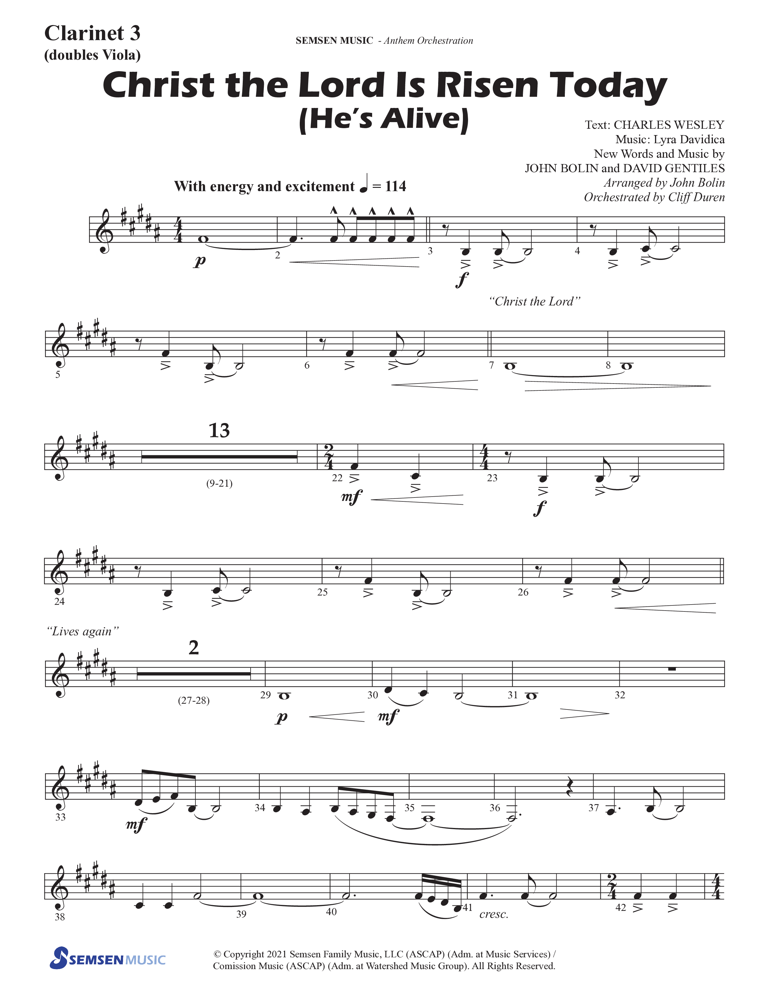 Christ The Lord Is Risen Today (He's Alive) (Choral Anthem SATB) Clarinet 3 (Semsen Music / Arr. John Bolin / Orch. Cliff Duren)