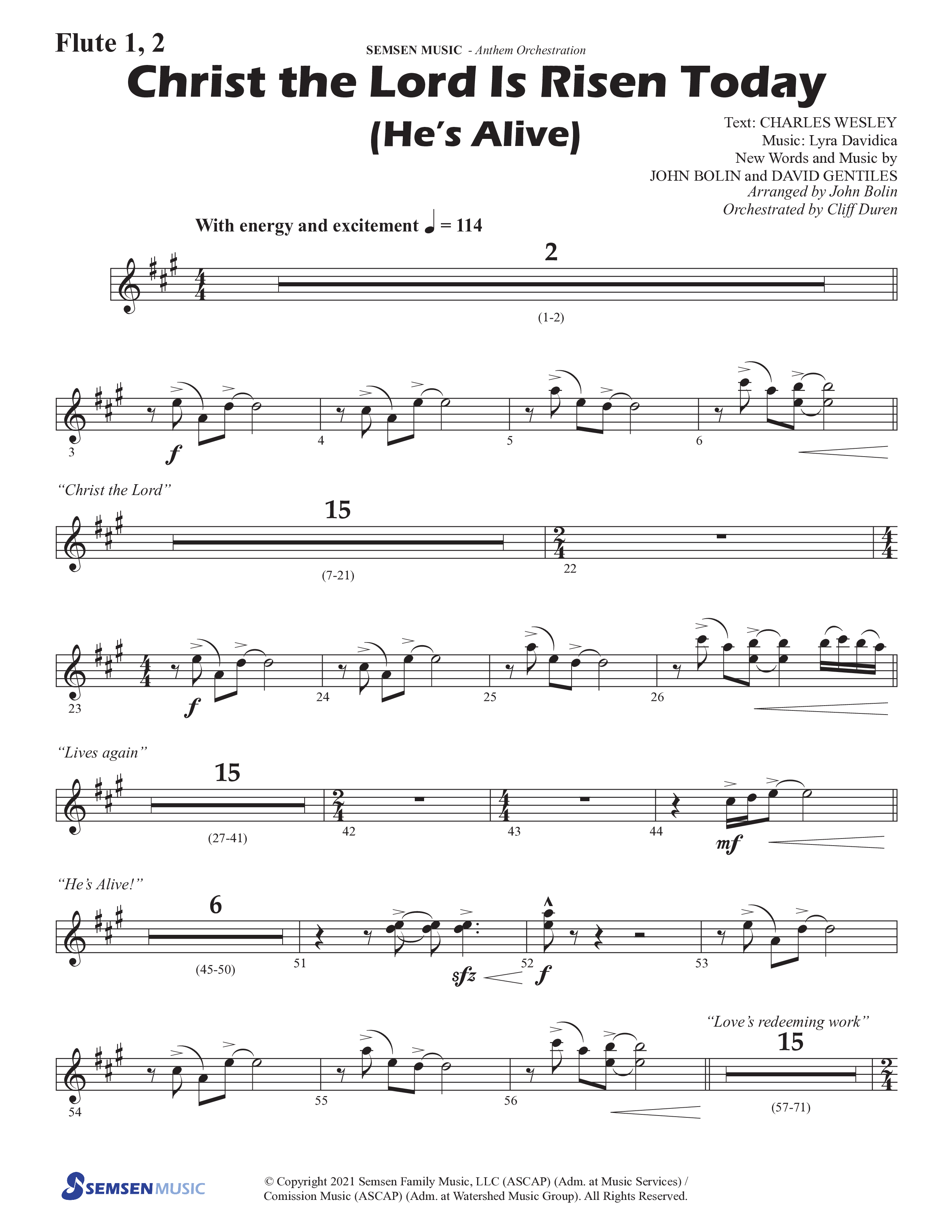 Christ The Lord Is Risen Today (He's Alive) (Choral Anthem SATB) Flute 1/2 (Semsen Music / Arr. John Bolin / Orch. Cliff Duren)
