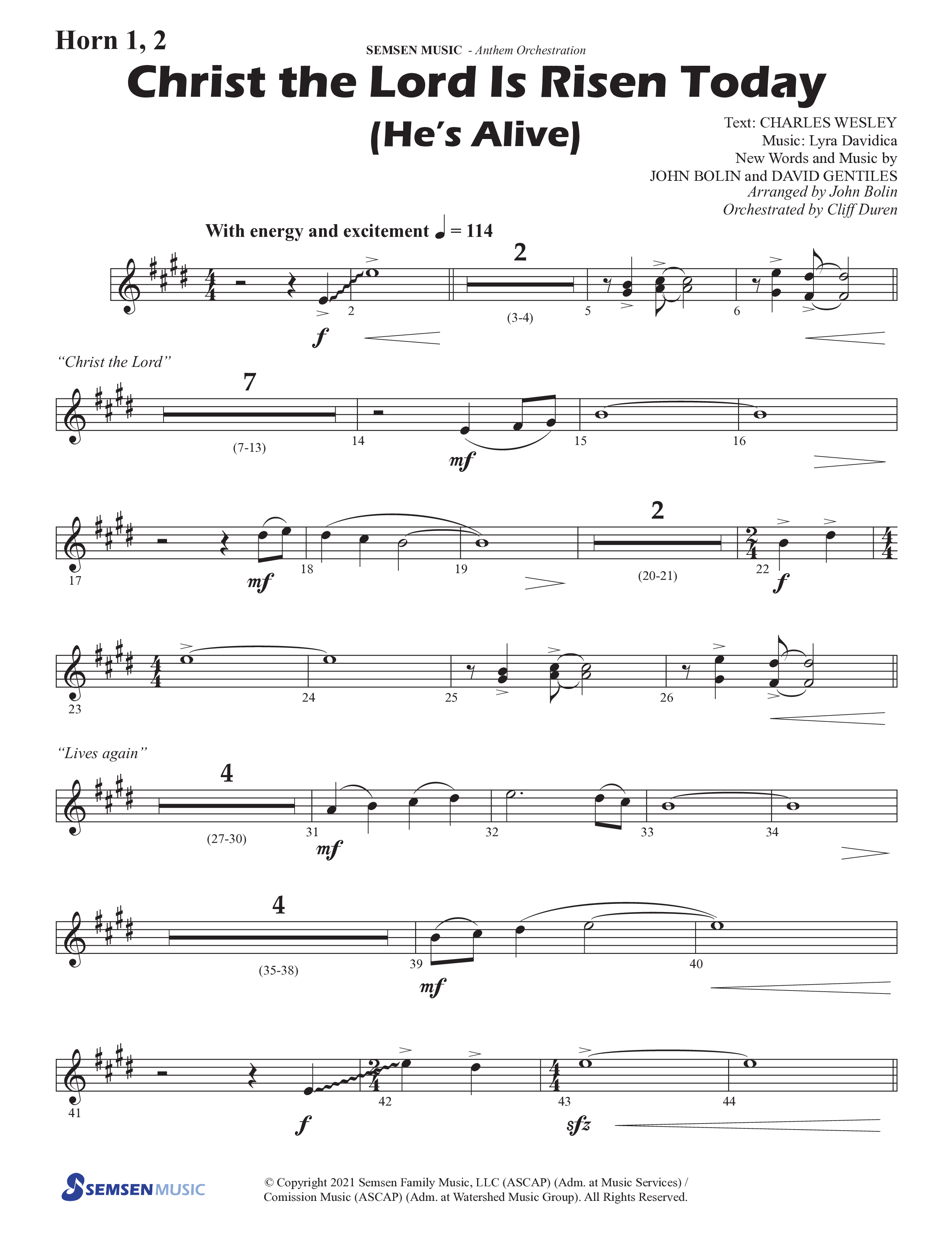 Christ The Lord Is Risen Today (He's Alive) (Choral Anthem SATB) French Horn 1/2 (Semsen Music / Arr. John Bolin / Orch. Cliff Duren)