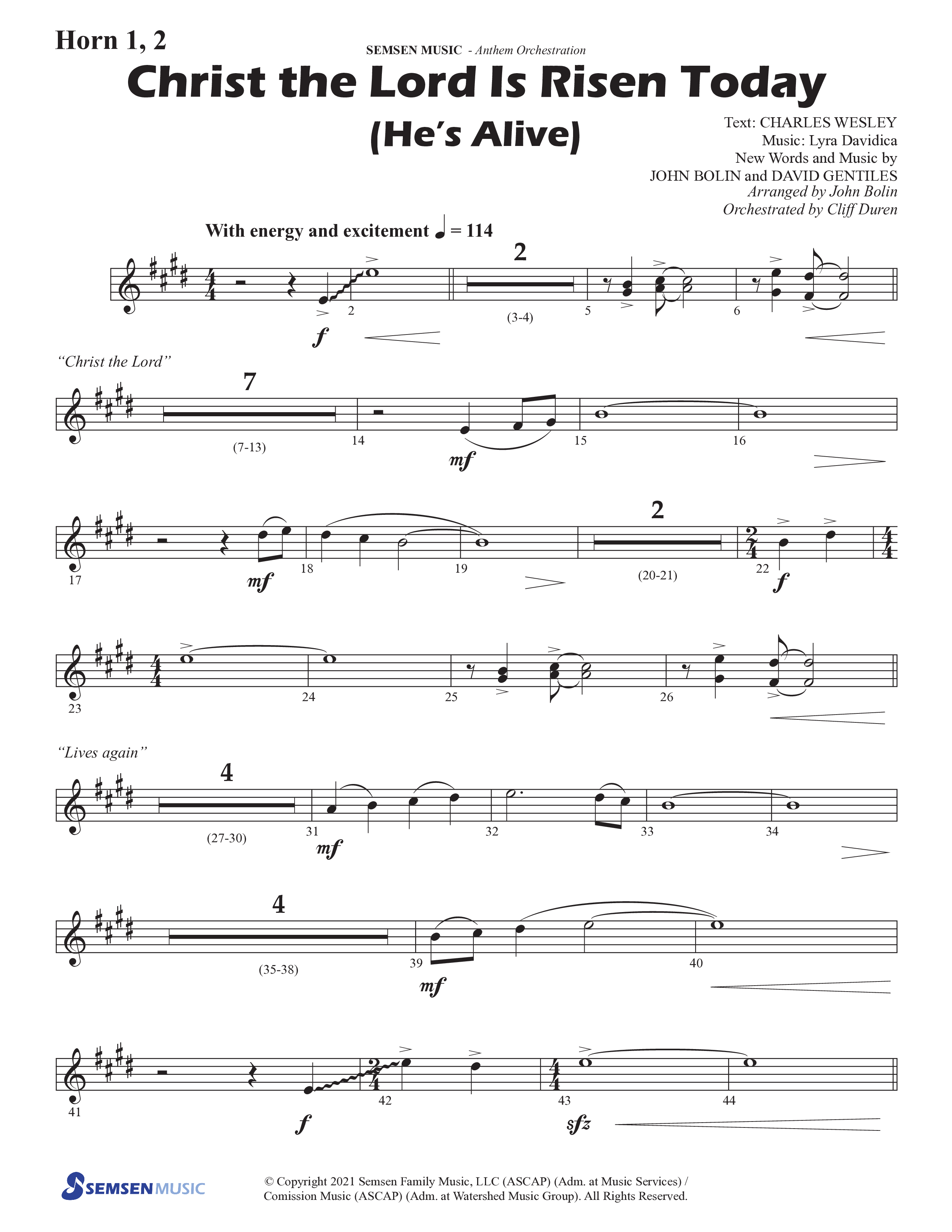 Christ The Lord Is Risen Today (He's Alive) (Choral Anthem SATB) French Horn 1/2 (Semsen Music / Arr. John Bolin / Orch. Cliff Duren)