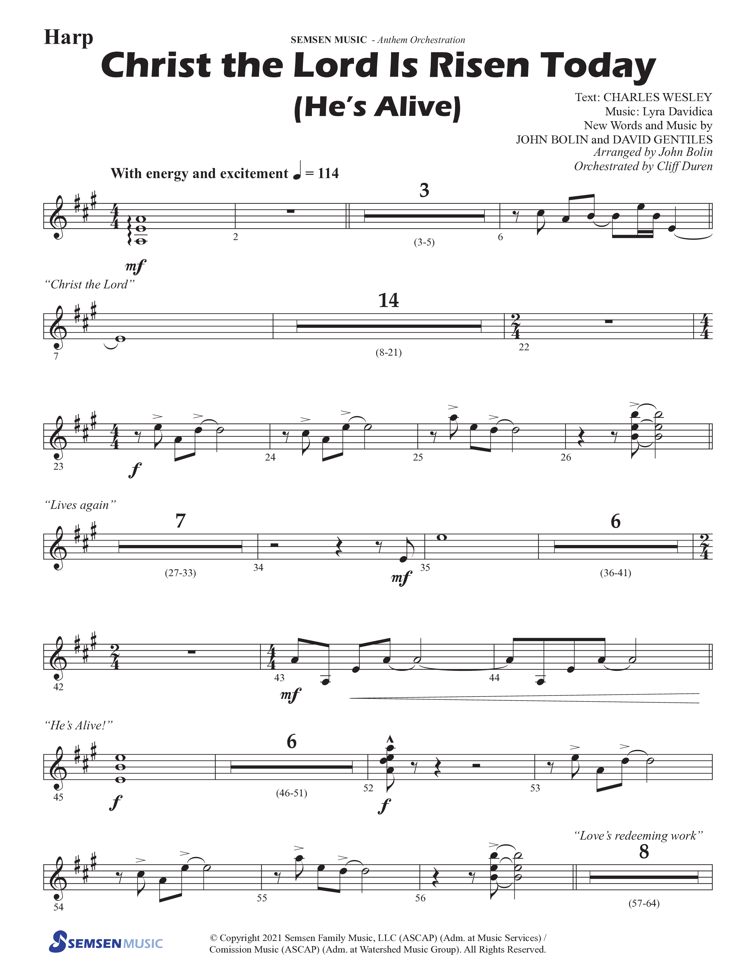 Christ The Lord Is Risen Today (He's Alive) (Choral Anthem SATB) Harp (Semsen Music / Arr. John Bolin / Orch. Cliff Duren)