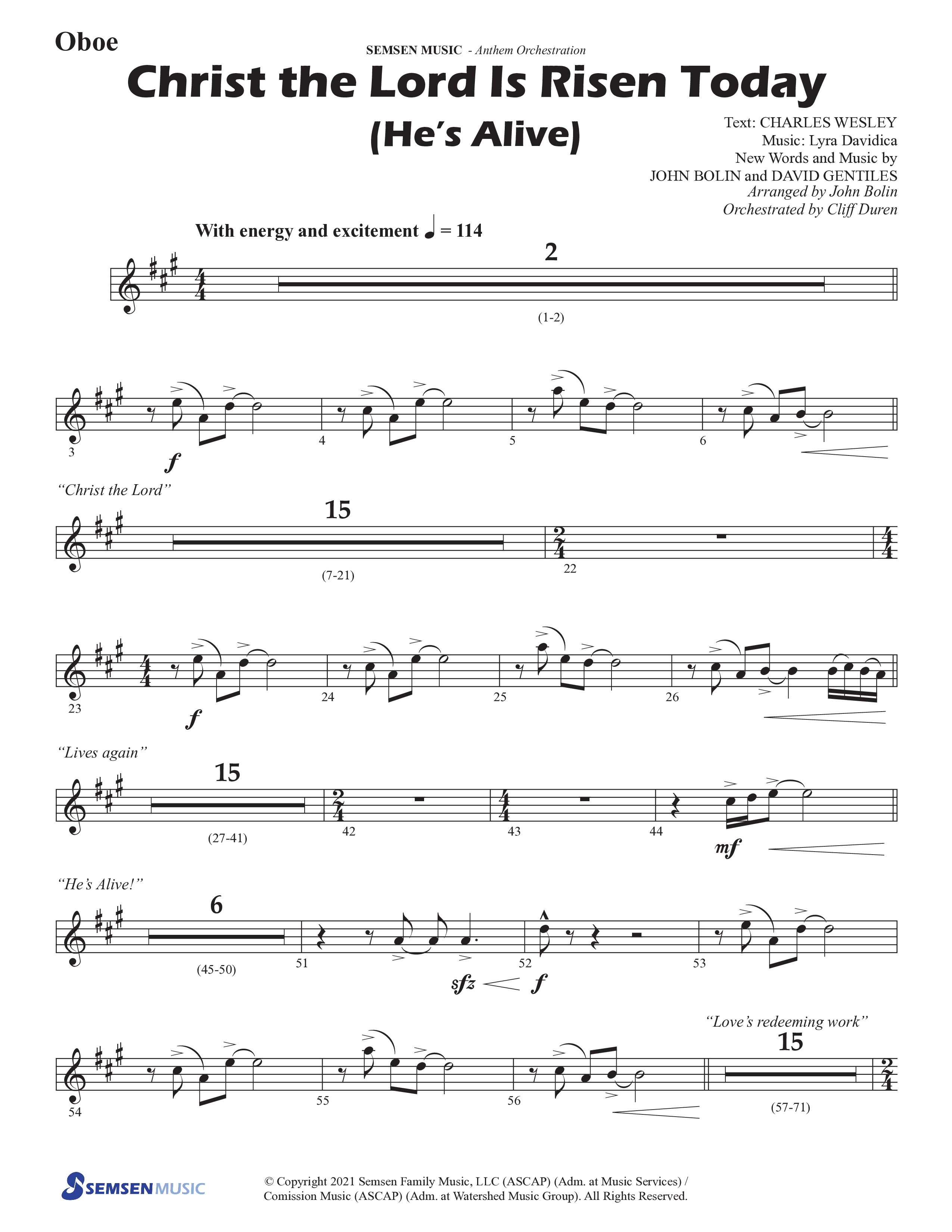 Christ The Lord Is Risen Today (He's Alive) (Choral Anthem SATB) Oboe (Semsen Music / Arr. John Bolin / Orch. Cliff Duren)