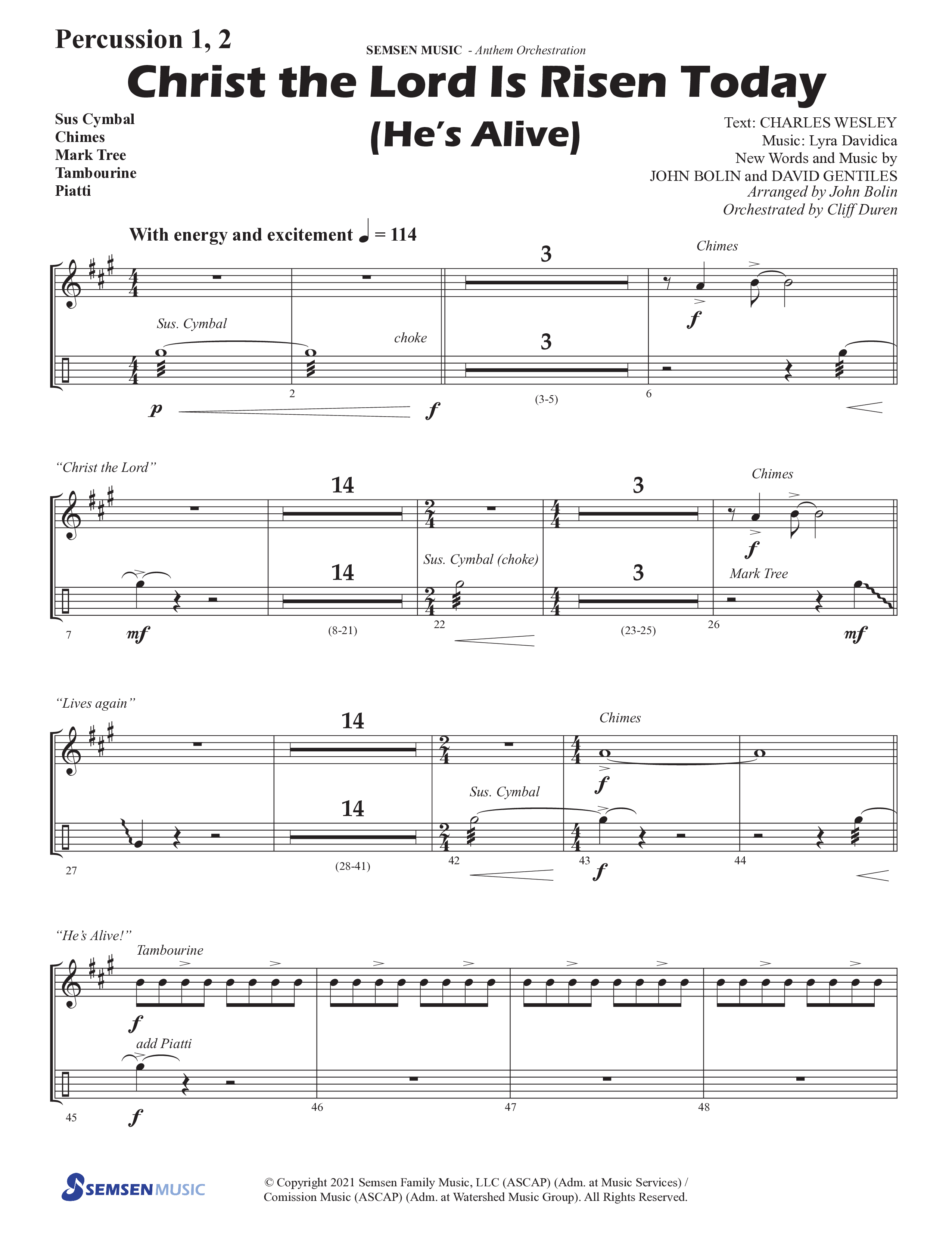 Christ The Lord Is Risen Today (He's Alive) (Choral Anthem SATB) Percussion 1/2 (Semsen Music / Arr. John Bolin / Orch. Cliff Duren)
