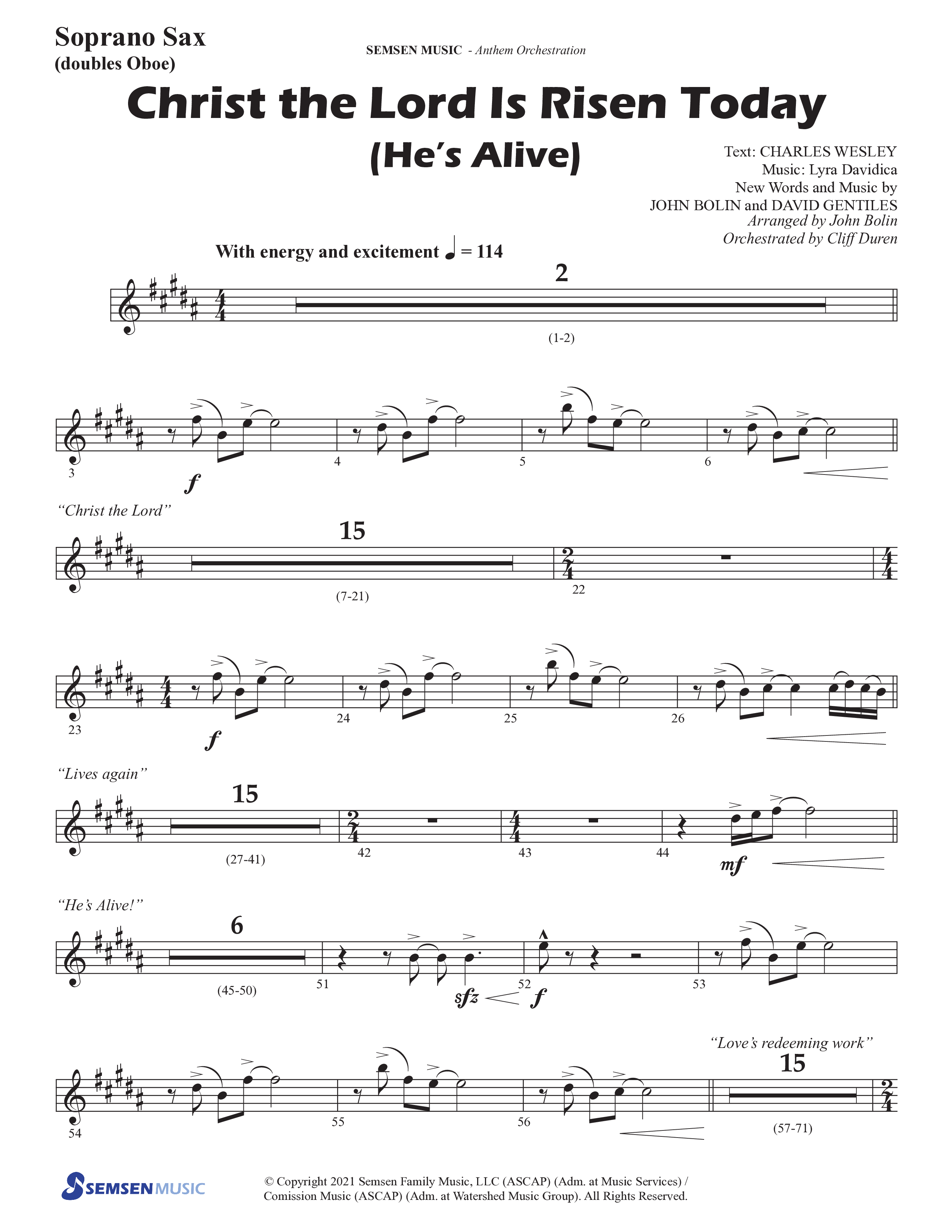 Christ The Lord Is Risen Today (He's Alive) (Choral Anthem SATB) Soprano Sax (Semsen Music / Arr. John Bolin / Orch. Cliff Duren)