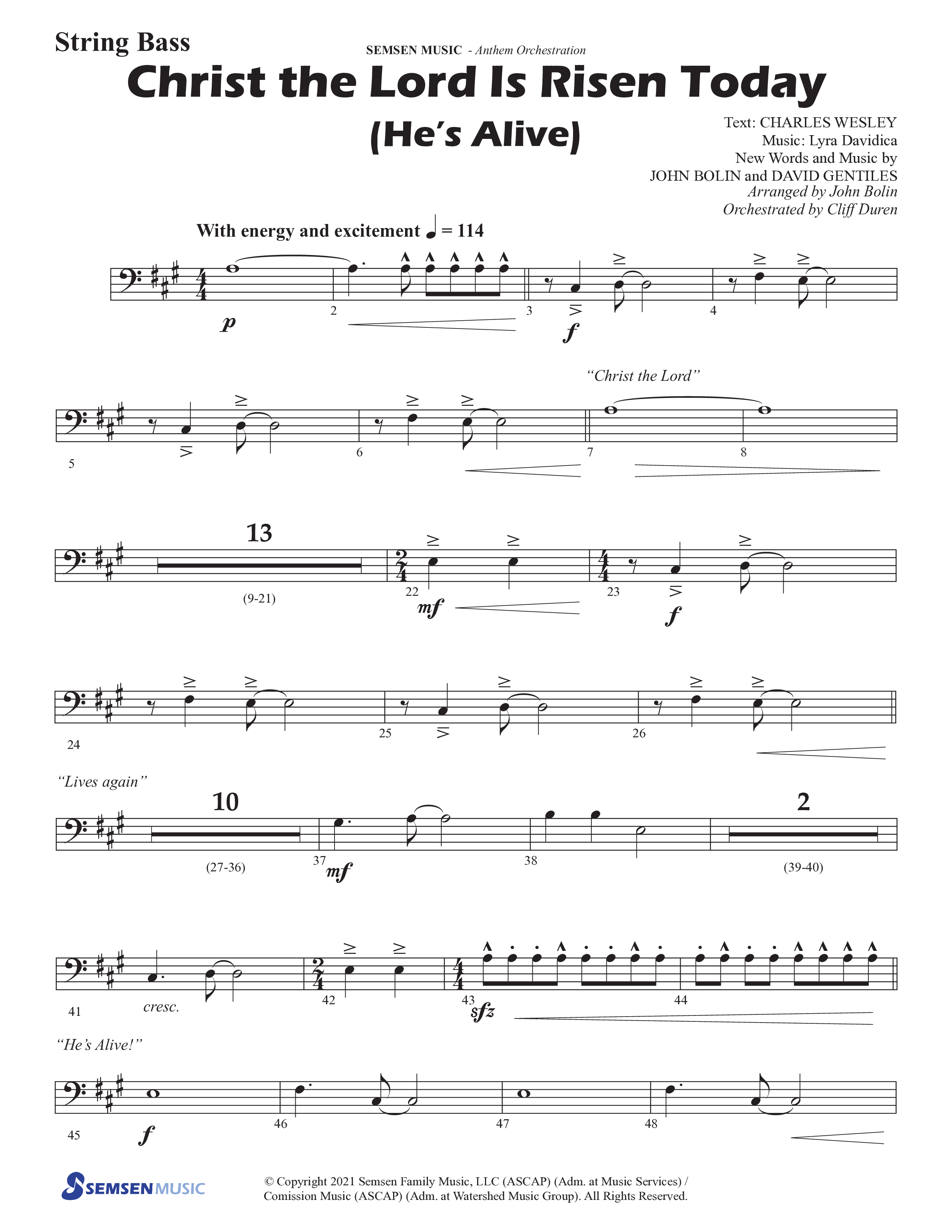 Christ The Lord Is Risen Today (He's Alive) (Choral Anthem SATB) String Bass (Semsen Music / Arr. John Bolin / Orch. Cliff Duren)