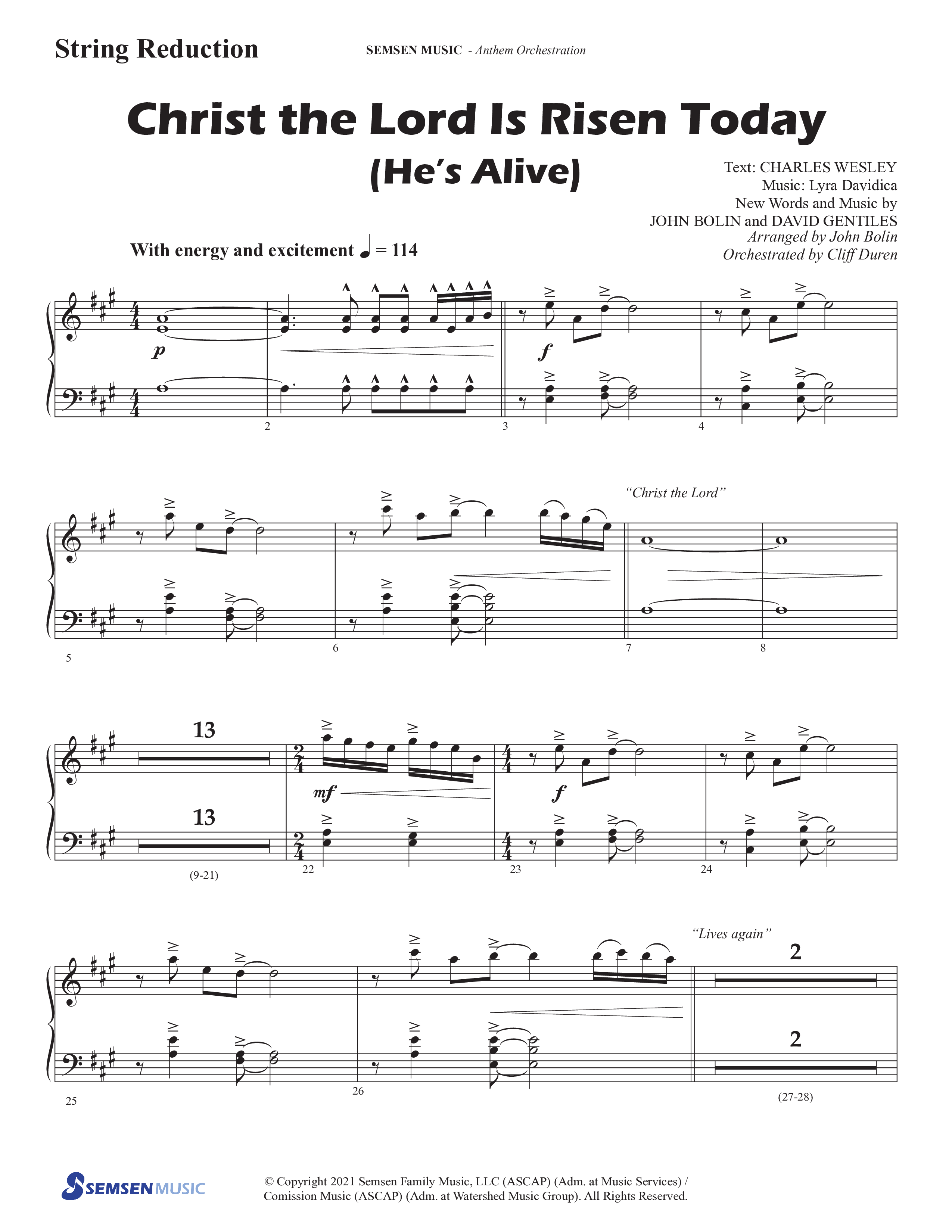 Christ The Lord Is Risen Today (He's Alive) (Choral Anthem SATB) String Reduction (Semsen Music / Arr. John Bolin / Orch. Cliff Duren)