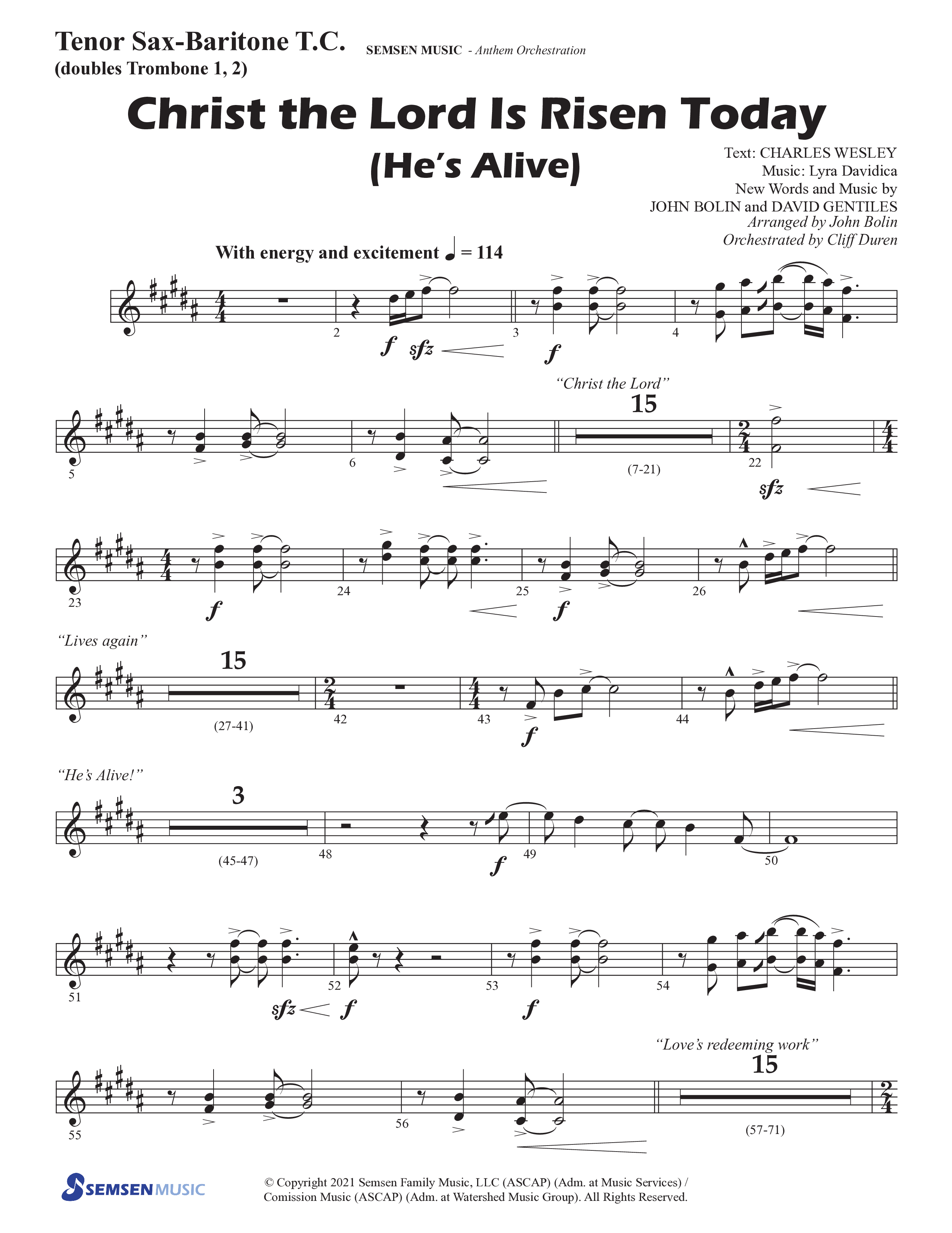 Christ The Lord Is Risen Today (He's Alive) (Choral Anthem SATB) Tenor Sax/Baritone T.C. (Semsen Music / Arr. John Bolin / Orch. Cliff Duren)