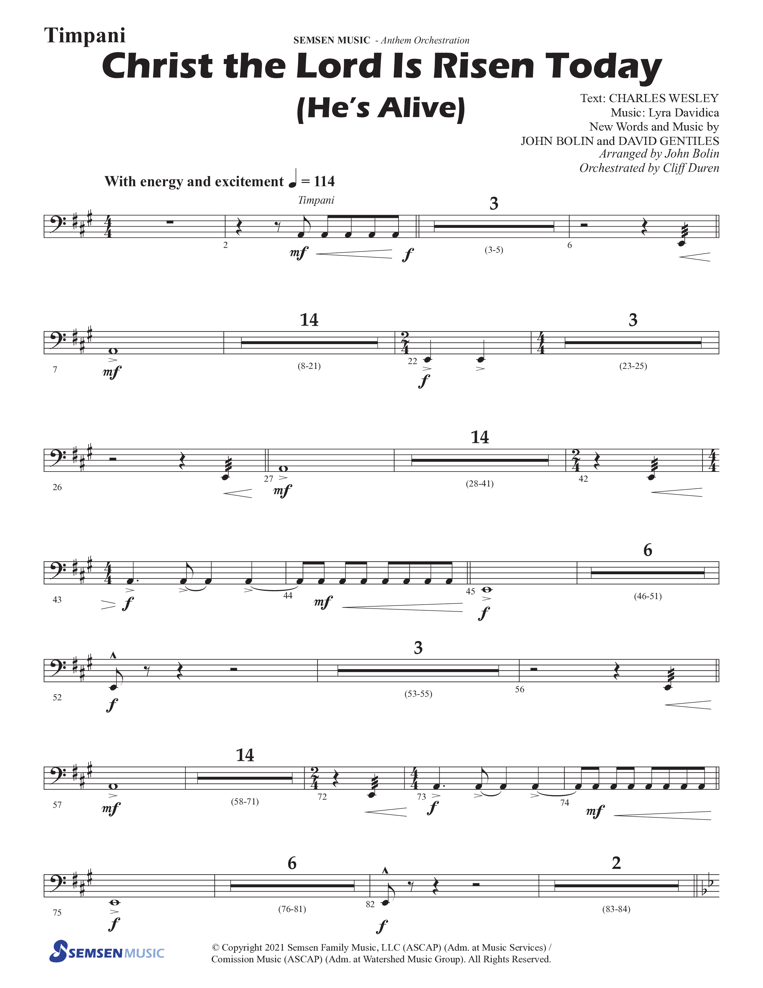 Christ The Lord Is Risen Today (He's Alive) (Choral Anthem SATB) Timpani (Semsen Music / Arr. John Bolin / Orch. Cliff Duren)