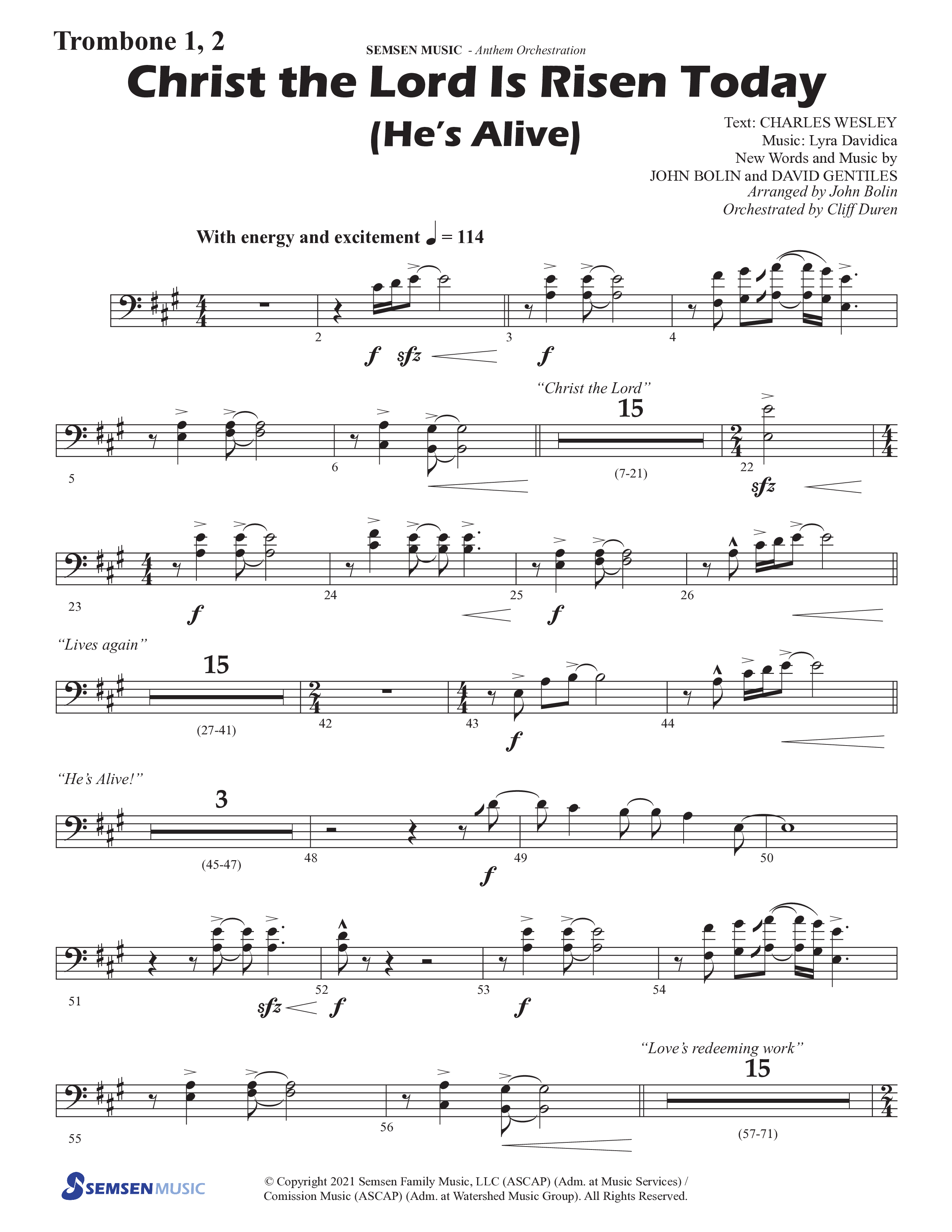 Christ The Lord Is Risen Today (He's Alive) (Choral Anthem SATB) Trombone 1/2 (Semsen Music / Arr. John Bolin / Orch. Cliff Duren)