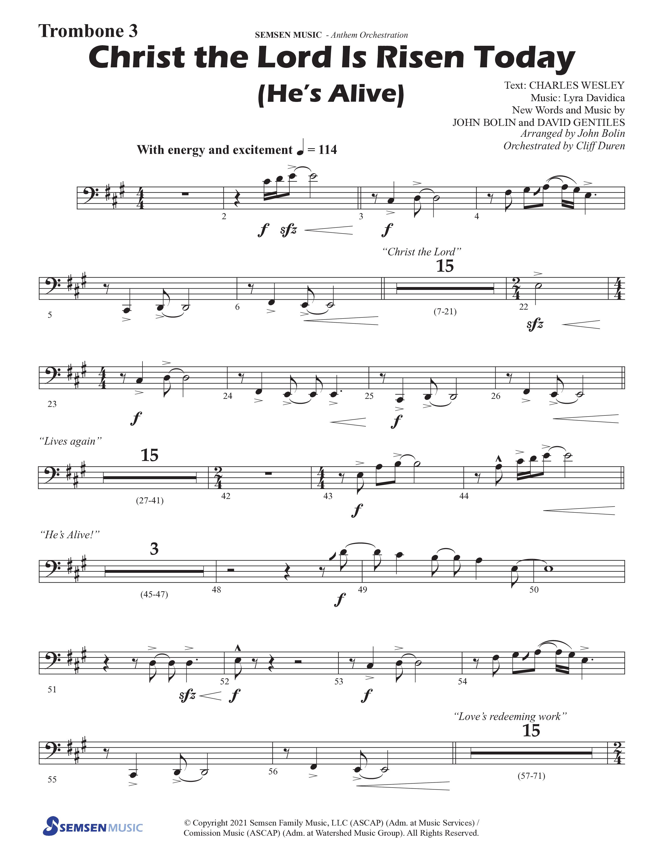 Christ The Lord Is Risen Today (He's Alive) (Choral Anthem SATB) Trombone 3 (Semsen Music / Arr. John Bolin / Orch. Cliff Duren)