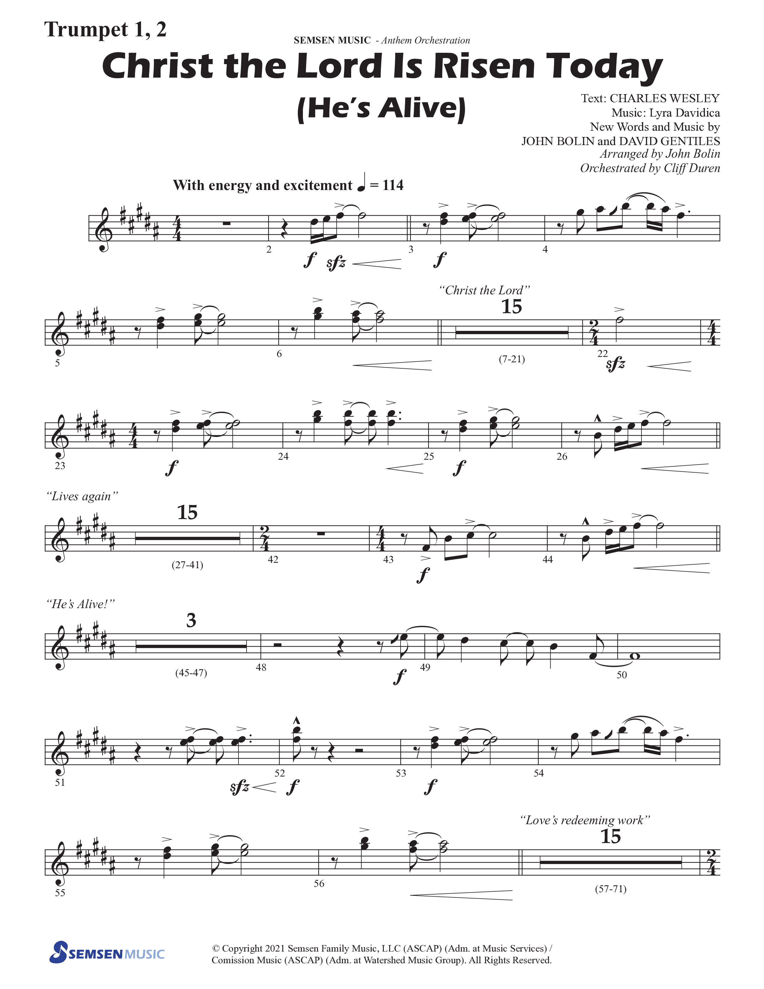 Christ The Lord Is Risen Today (He's Alive) (Choral Anthem SATB) Trumpet 1,2 (Semsen Music / Arr. John Bolin / Orch. Cliff Duren)