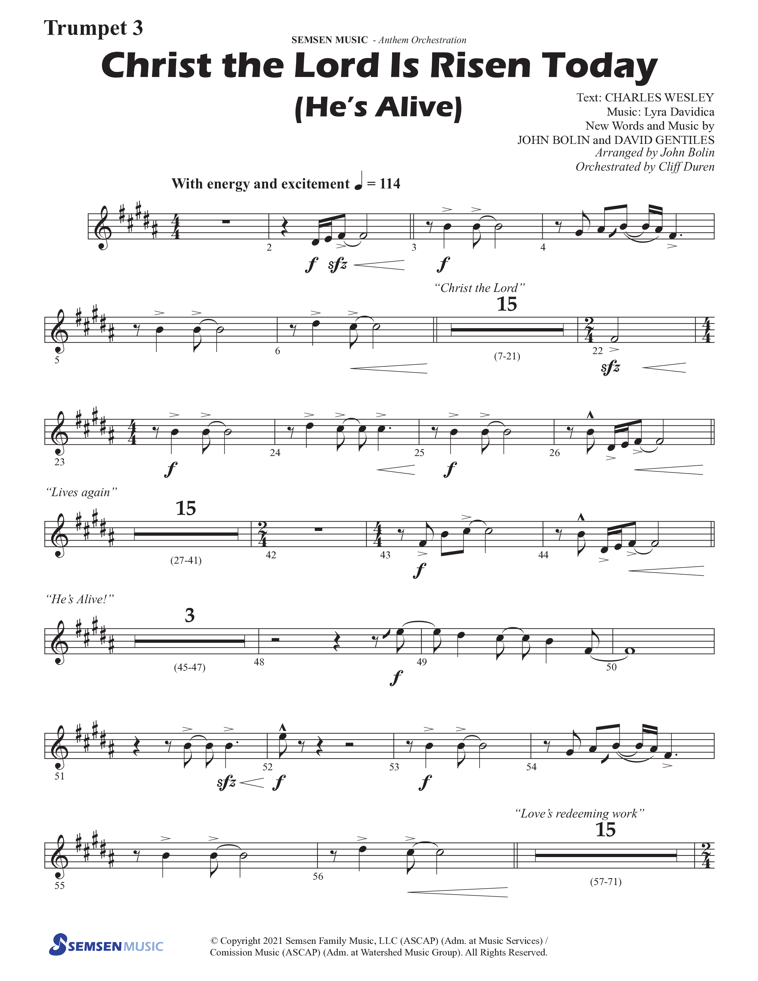Christ The Lord Is Risen Today (He's Alive) (Choral Anthem SATB) Trumpet 3 (Semsen Music / Arr. John Bolin / Orch. Cliff Duren)