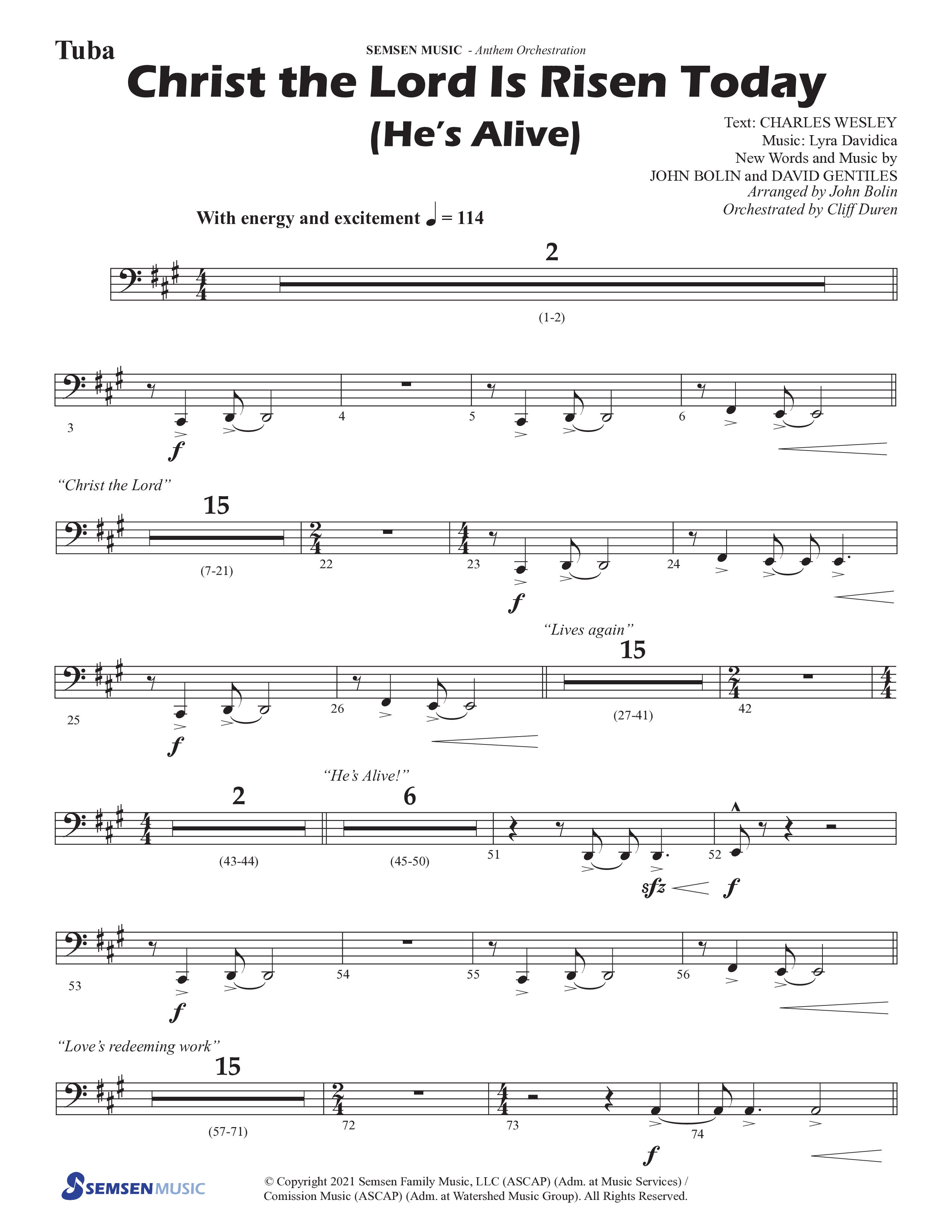 Christ The Lord Is Risen Today (He's Alive) (Choral Anthem SATB) Tuba (Semsen Music / Arr. John Bolin / Orch. Cliff Duren)