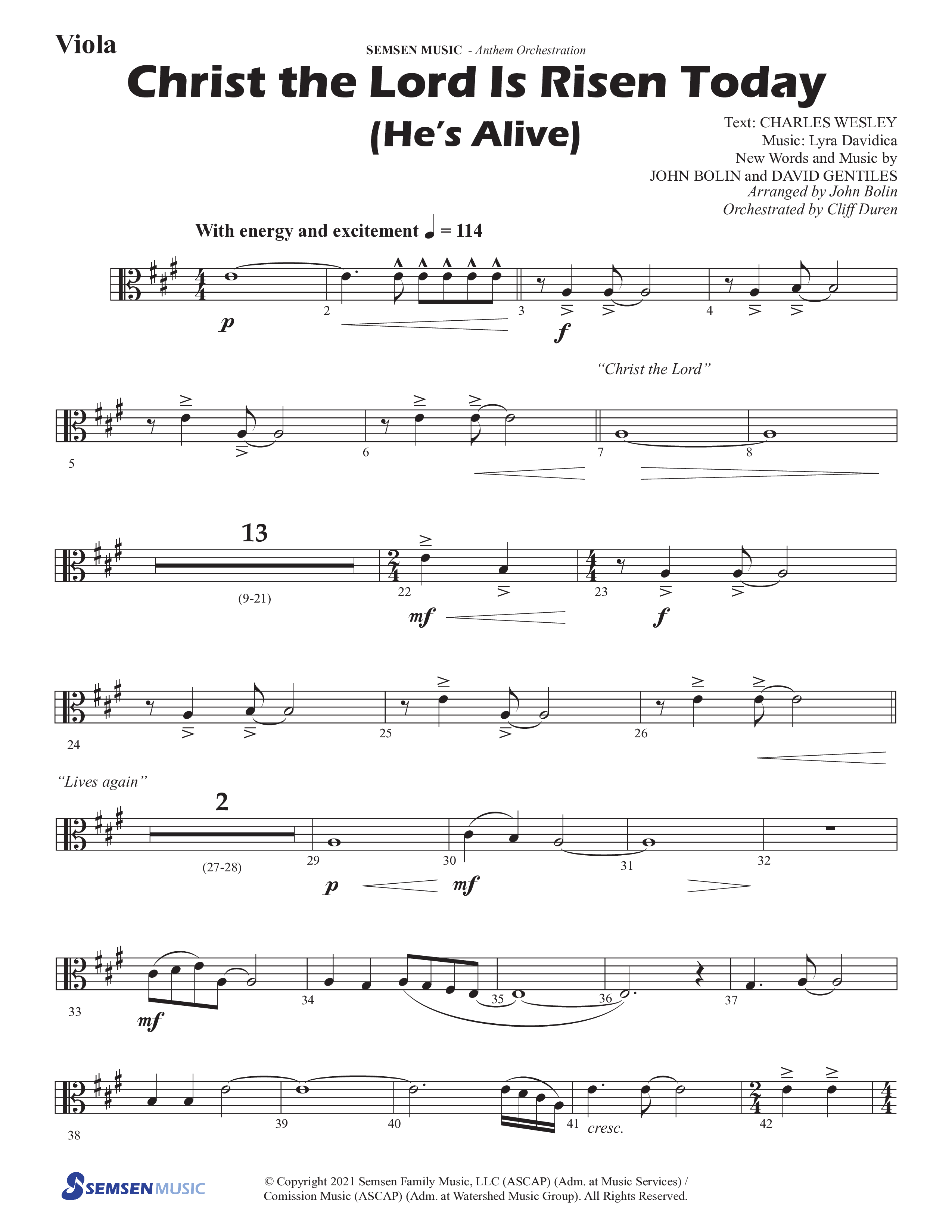 Christ The Lord Is Risen Today (He's Alive) (Choral Anthem SATB) Viola (Semsen Music / Arr. John Bolin / Orch. Cliff Duren)
