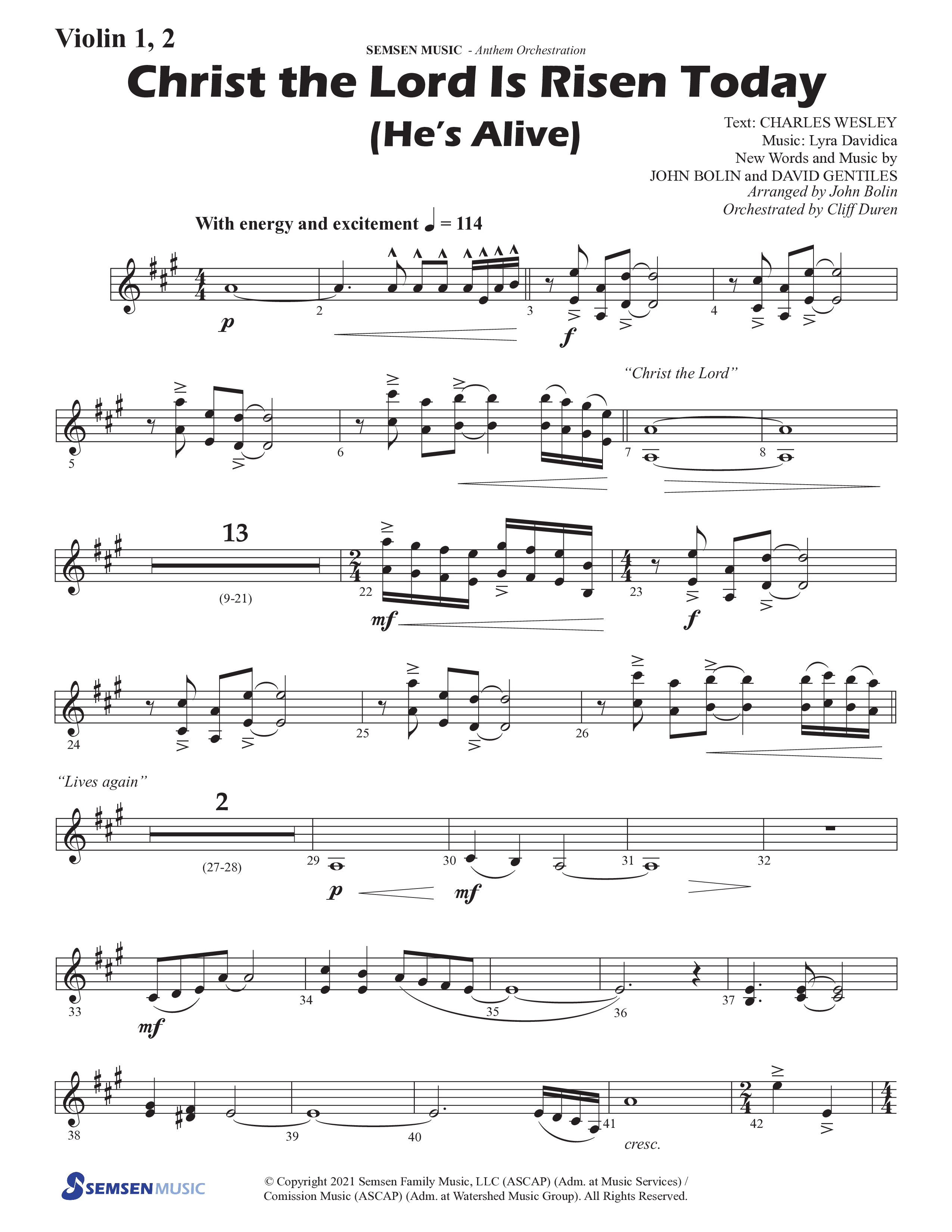 Christ The Lord Is Risen Today (He's Alive) (Choral Anthem SATB) Violin 1/2 (Semsen Music / Arr. John Bolin / Orch. Cliff Duren)