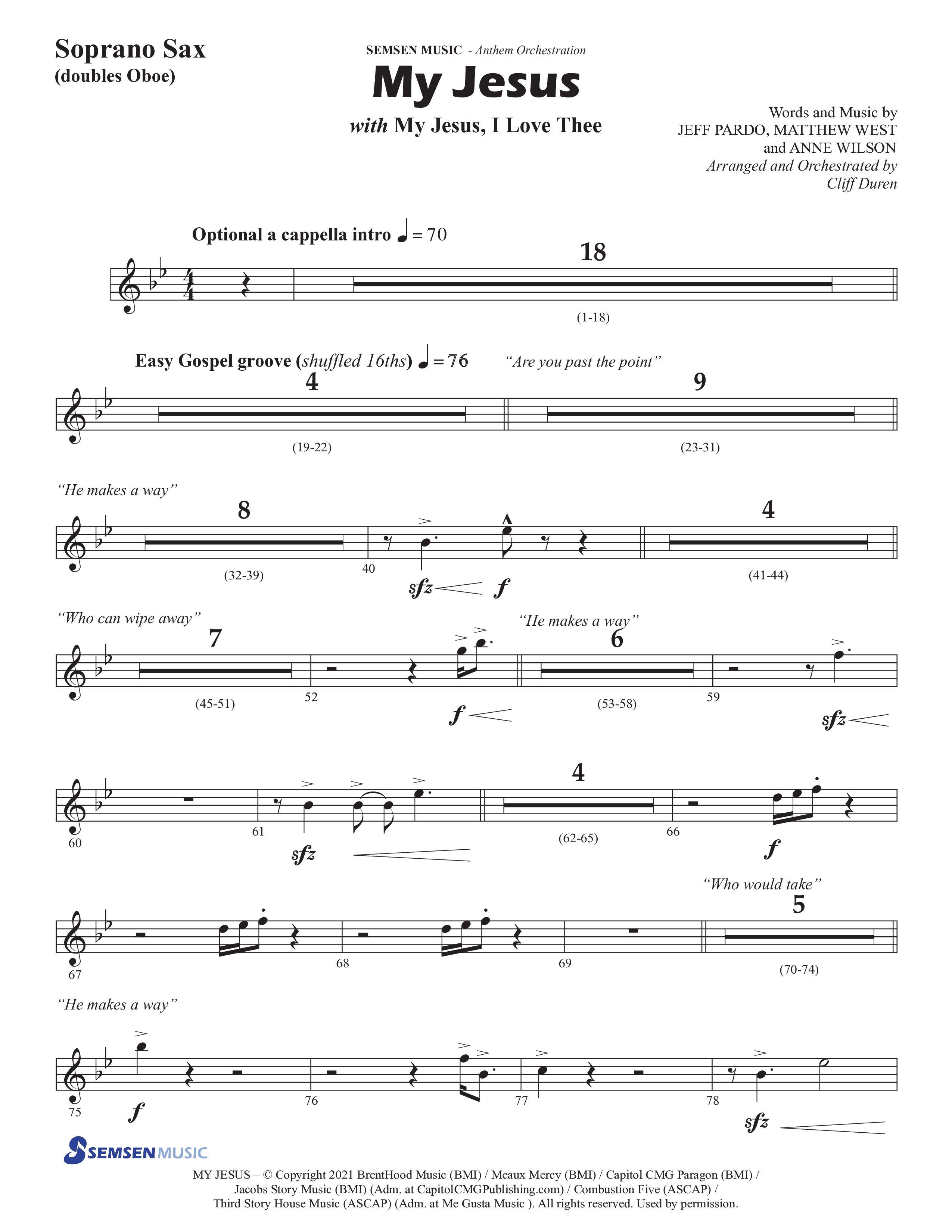 My Jesus (with My Jesus I Love Thee) (Choral Anthem SATB) Soprano Sax (Semsen Music / Arr. Cliff Duren)