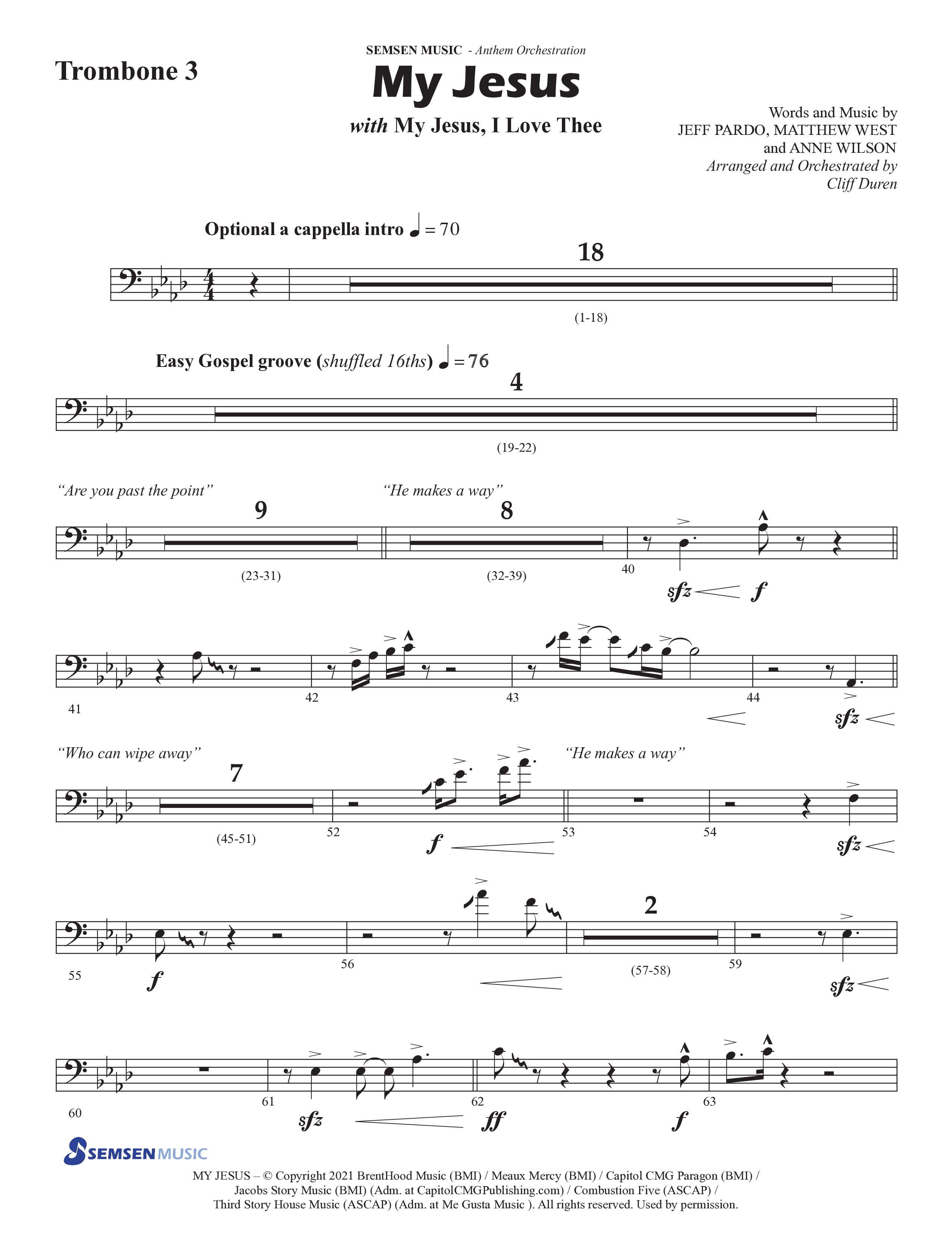 My Jesus (with My Jesus I Love Thee) (Choral Anthem SATB) Trombone 3 (Semsen Music / Arr. Cliff Duren)