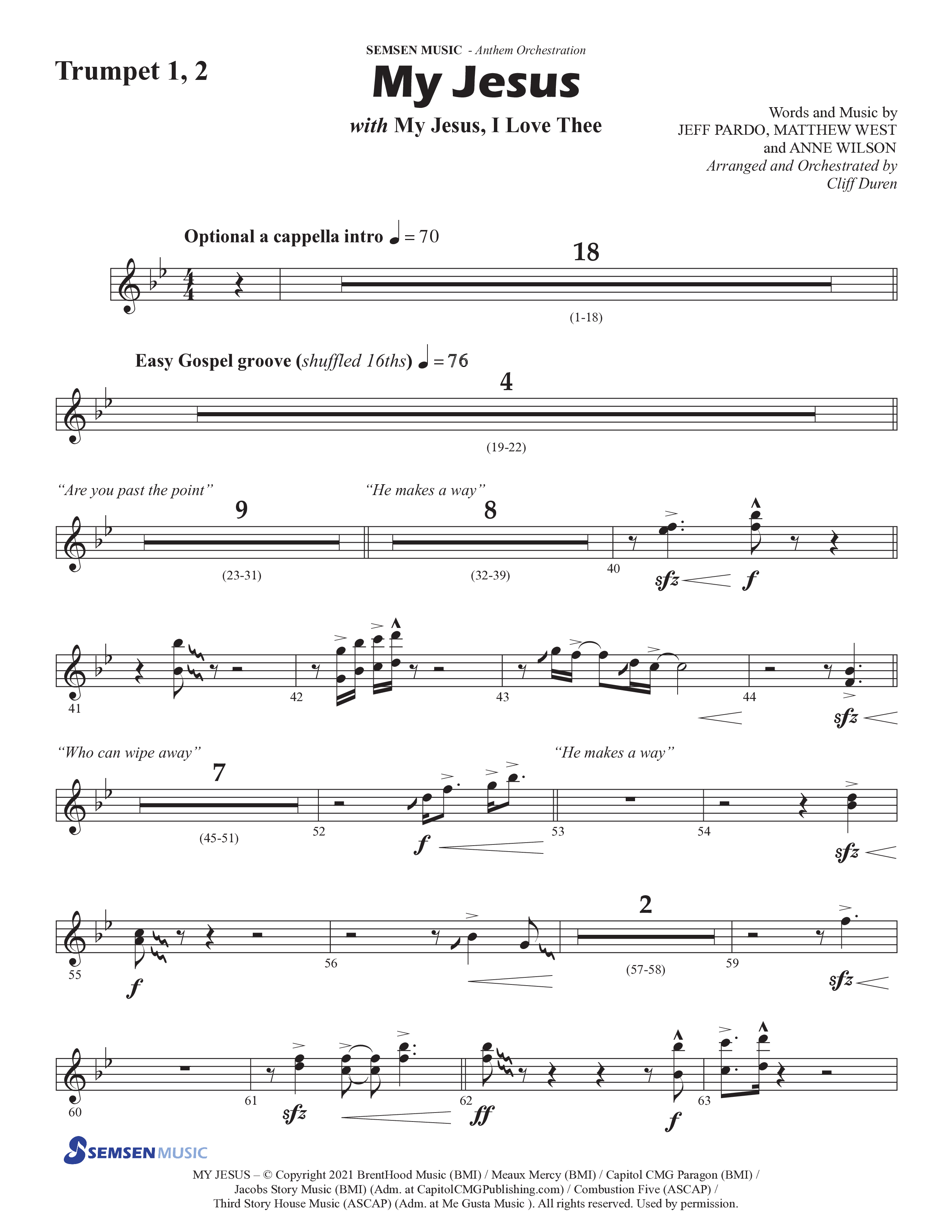 My Jesus (with My Jesus I Love Thee) (Choral Anthem SATB) Trumpet 1,2 (Semsen Music / Arr. Cliff Duren)