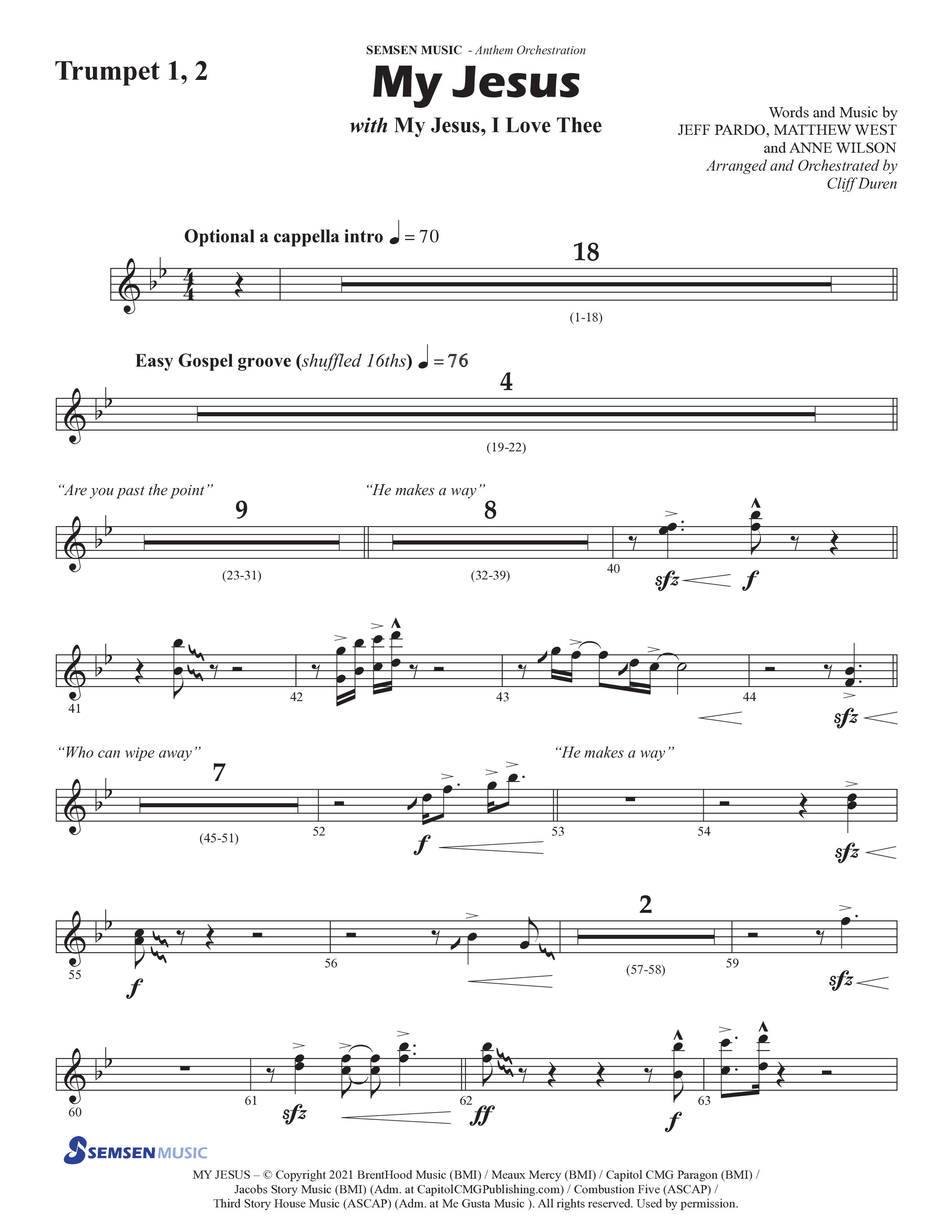 My Jesus (with My Jesus I Love Thee) (Choral Anthem SATB) Trumpet 1,2 (Semsen Music / Arr. Cliff Duren)