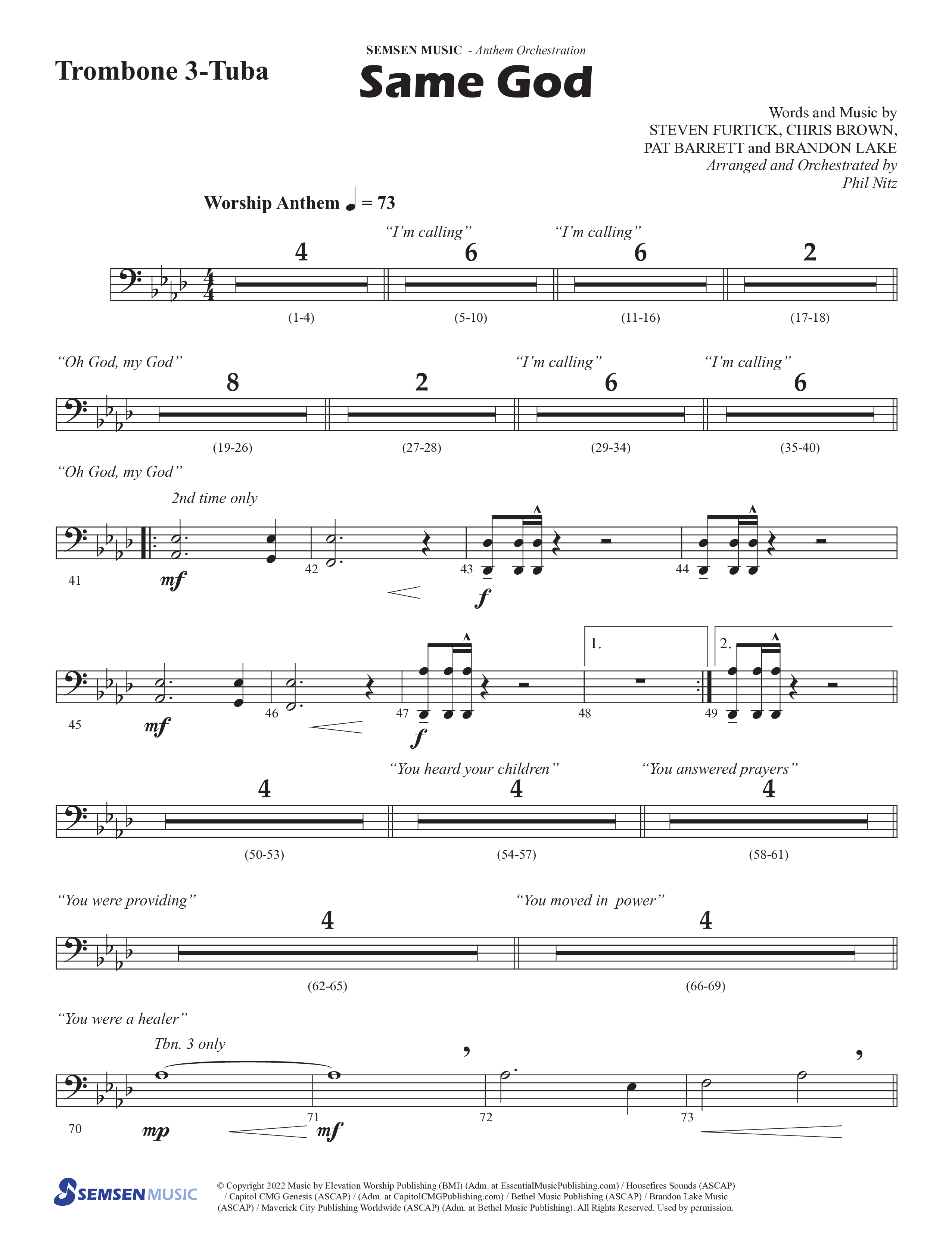 Same God (Choral Anthem SATB) Trombone 3/Tuba (Semsen Music / Arr. Phil Nitz)