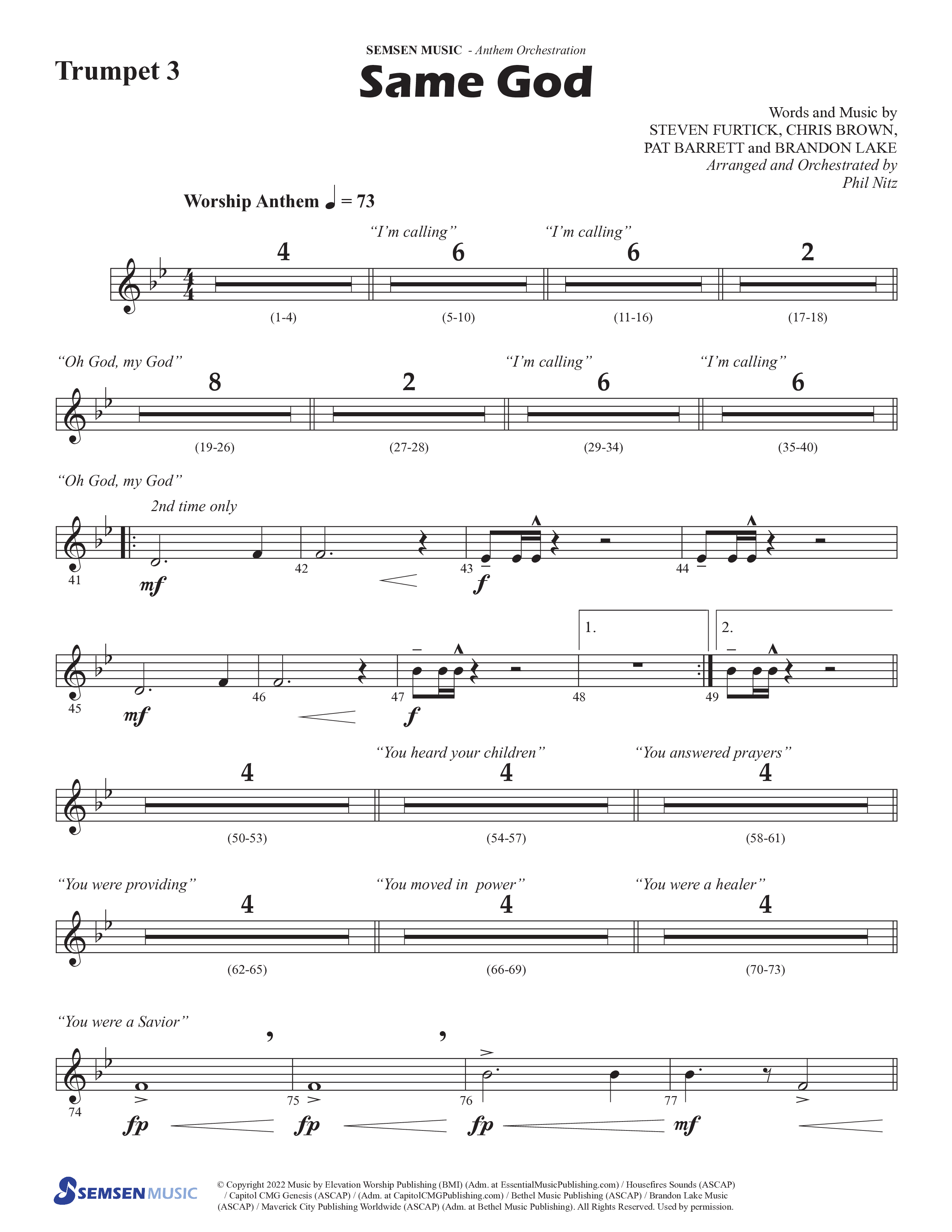 Same God (Choral Anthem SATB) Trumpet 3 (Semsen Music / Arr. Phil Nitz)