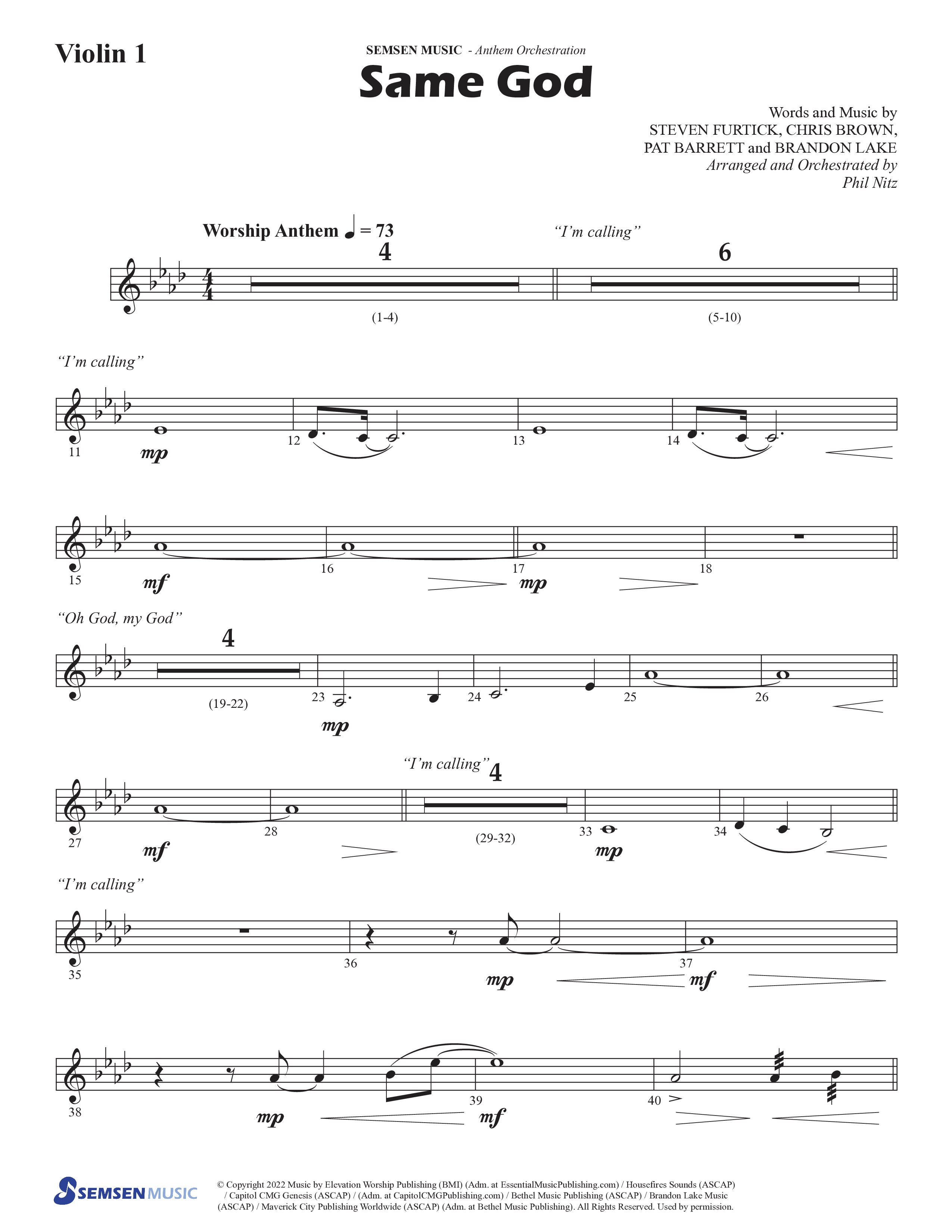 Same God (Choral Anthem SATB) Violin 1 (Semsen Music / Arr. Phil Nitz)