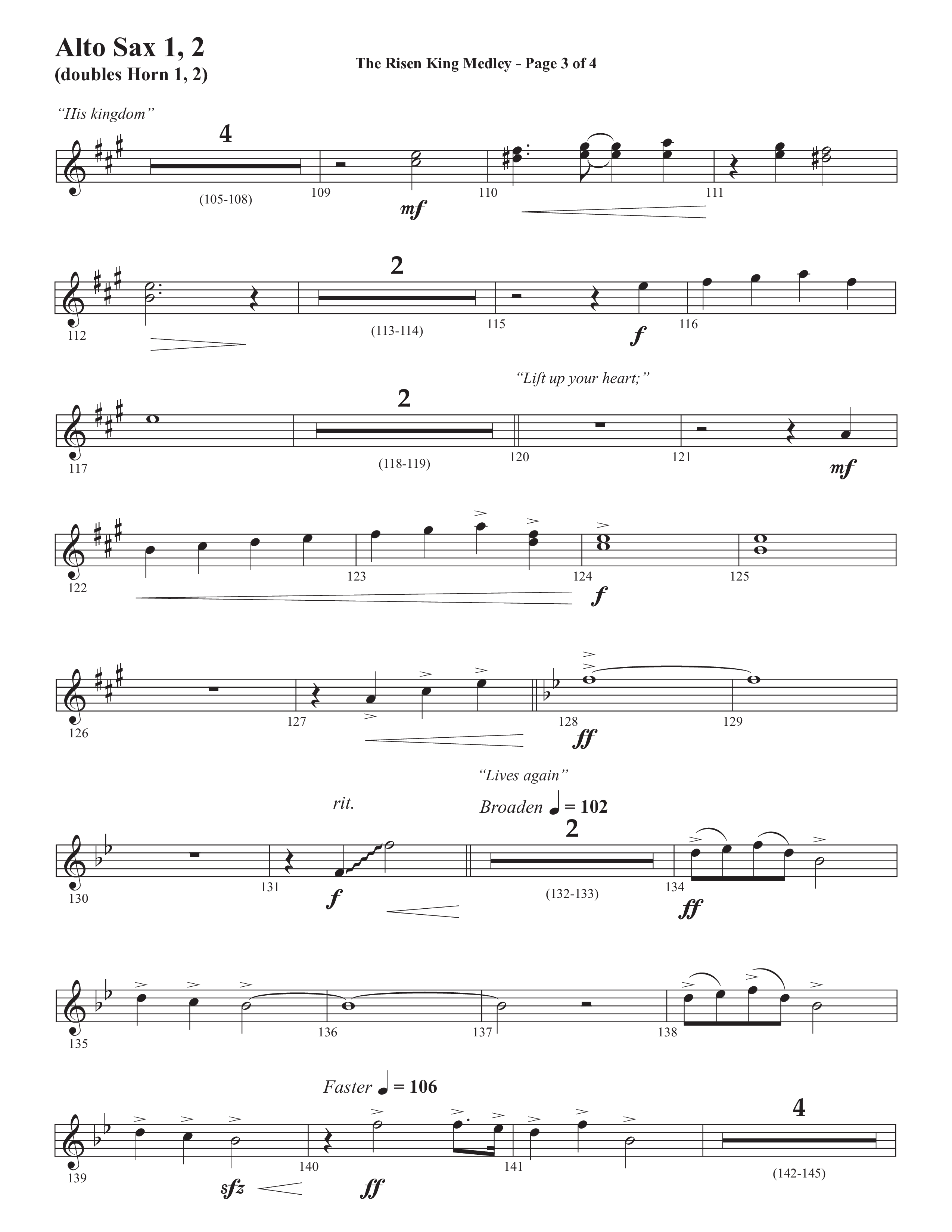 The Risen King Medley (Choral Anthem SATB) Alto Sax 1/2 (Semsen Music / Arr. John Bolin / Orch. Cliff Duren)