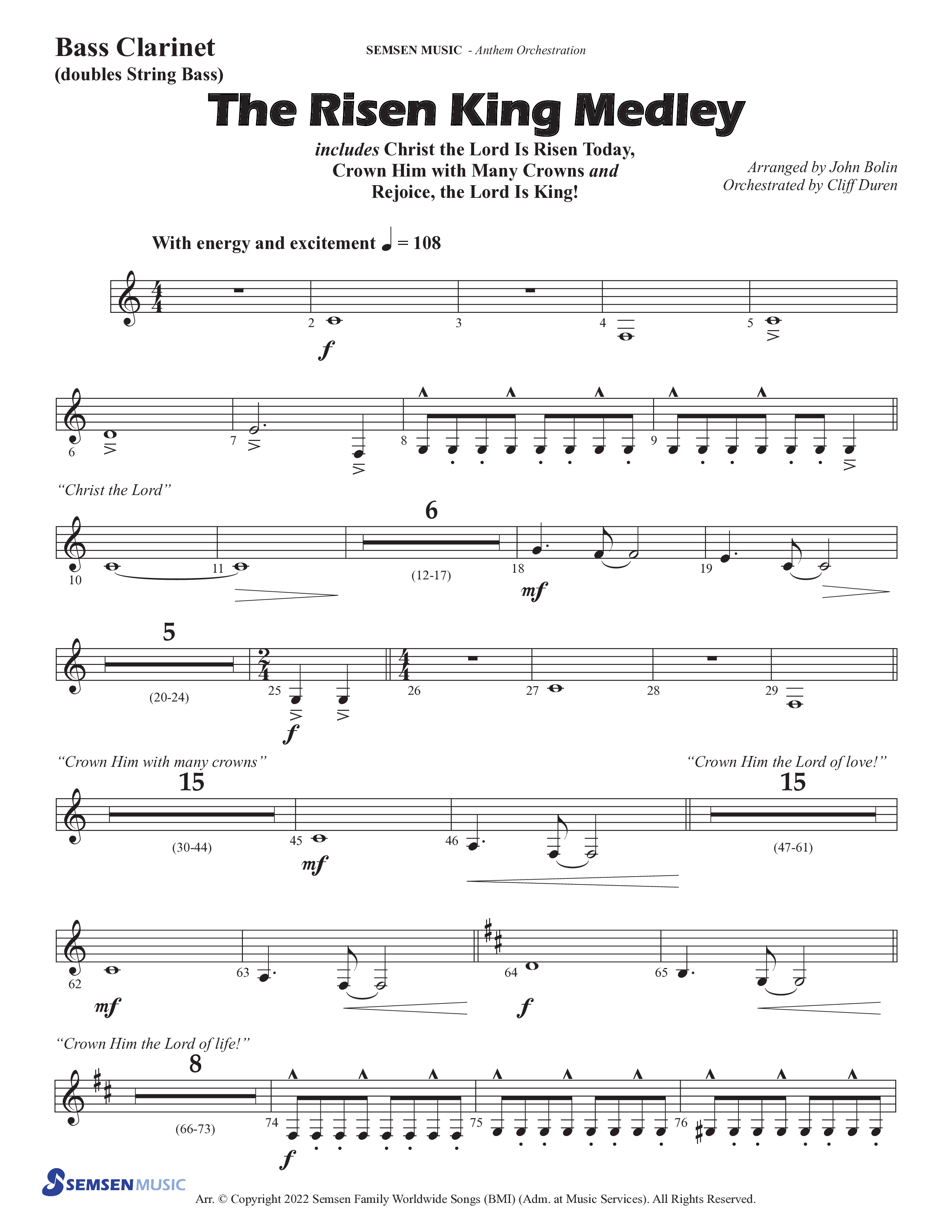 The Risen King Medley (Choral Anthem SATB) Bass Clarinet (Semsen Music / Arr. John Bolin / Orch. Cliff Duren)