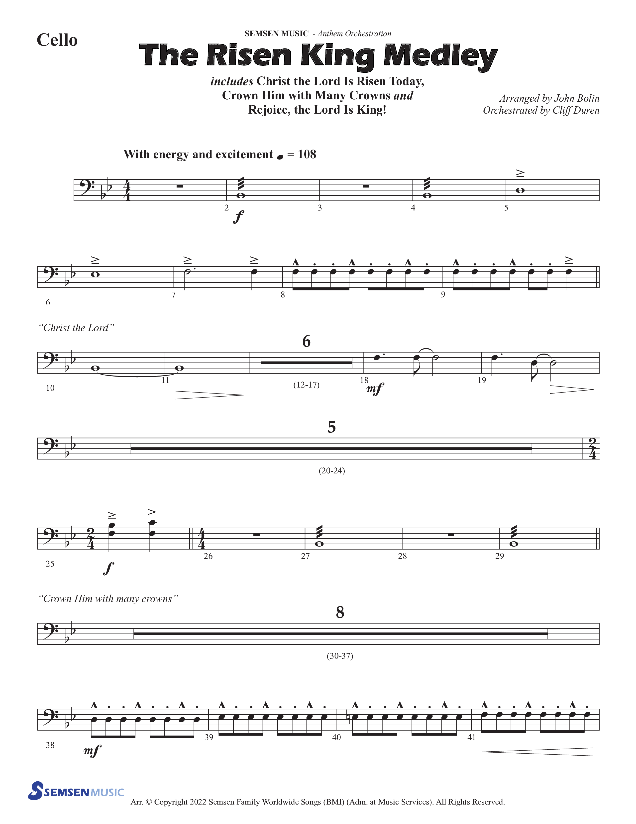 The Risen King Medley (Choral Anthem SATB) Cello (Semsen Music / Arr. John Bolin / Orch. Cliff Duren)