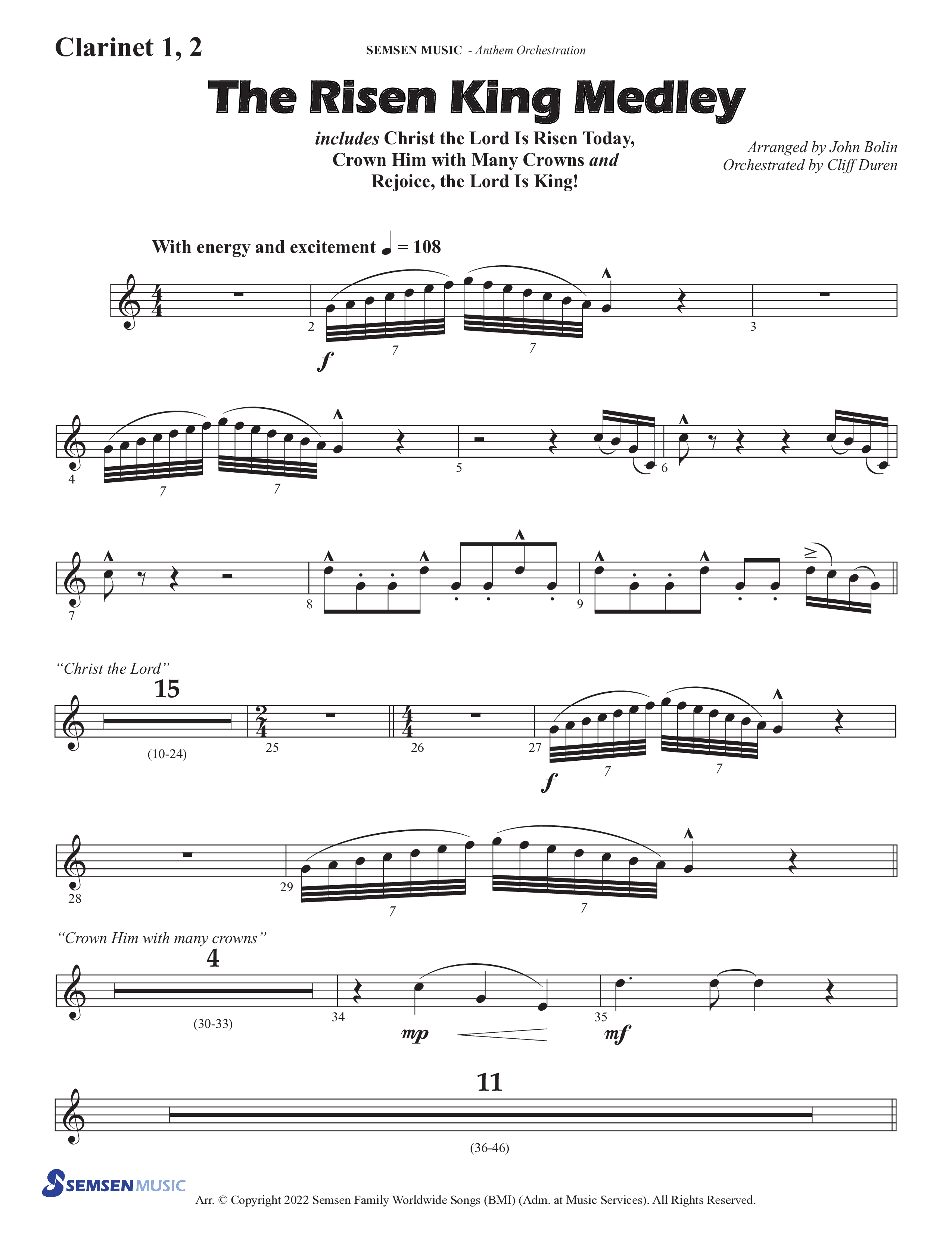 The Risen King Medley (Choral Anthem SATB) Clarinet 1/2 (Semsen Music / Arr. John Bolin / Orch. Cliff Duren)