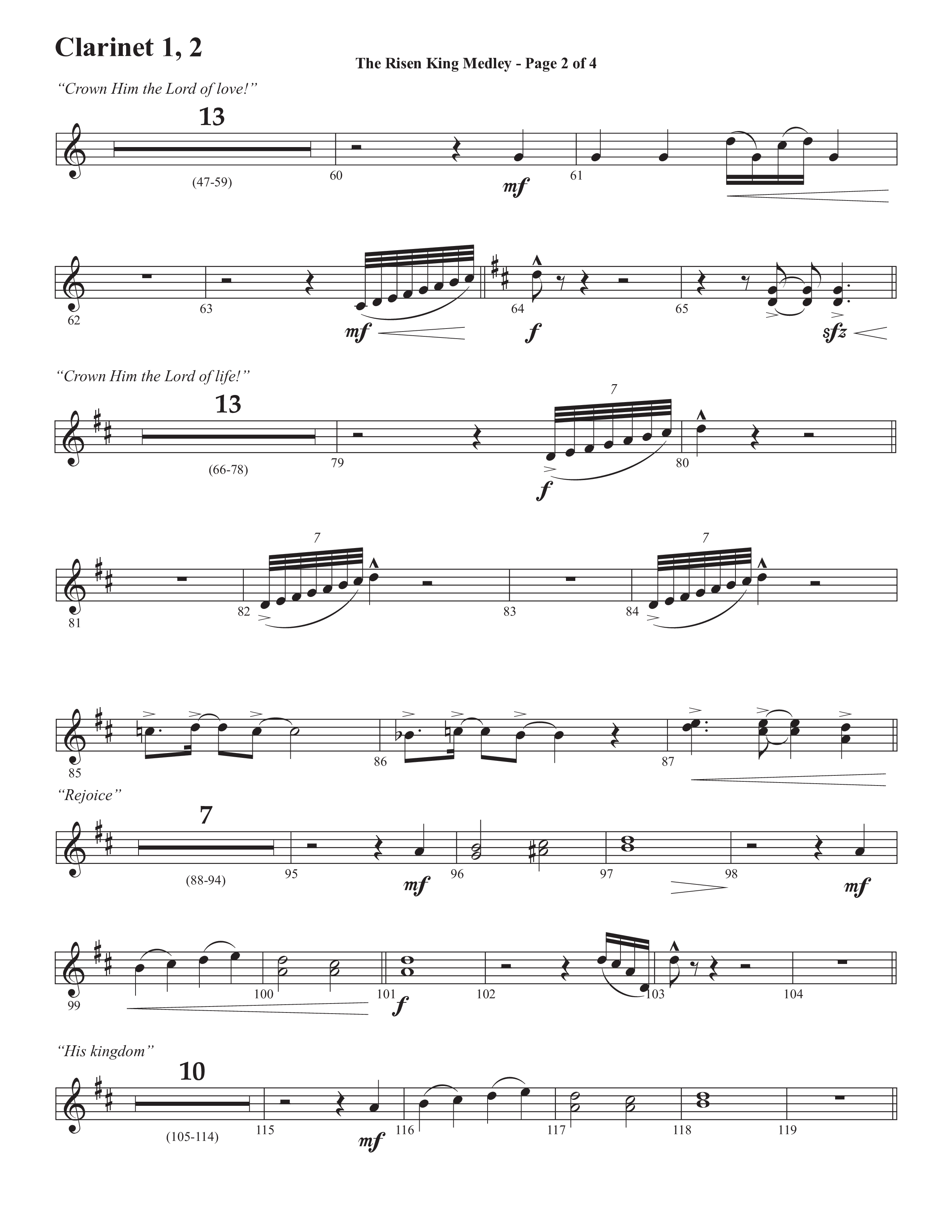 The Risen King Medley (Choral Anthem SATB) Clarinet 1/2 (Semsen Music / Arr. John Bolin / Orch. Cliff Duren)