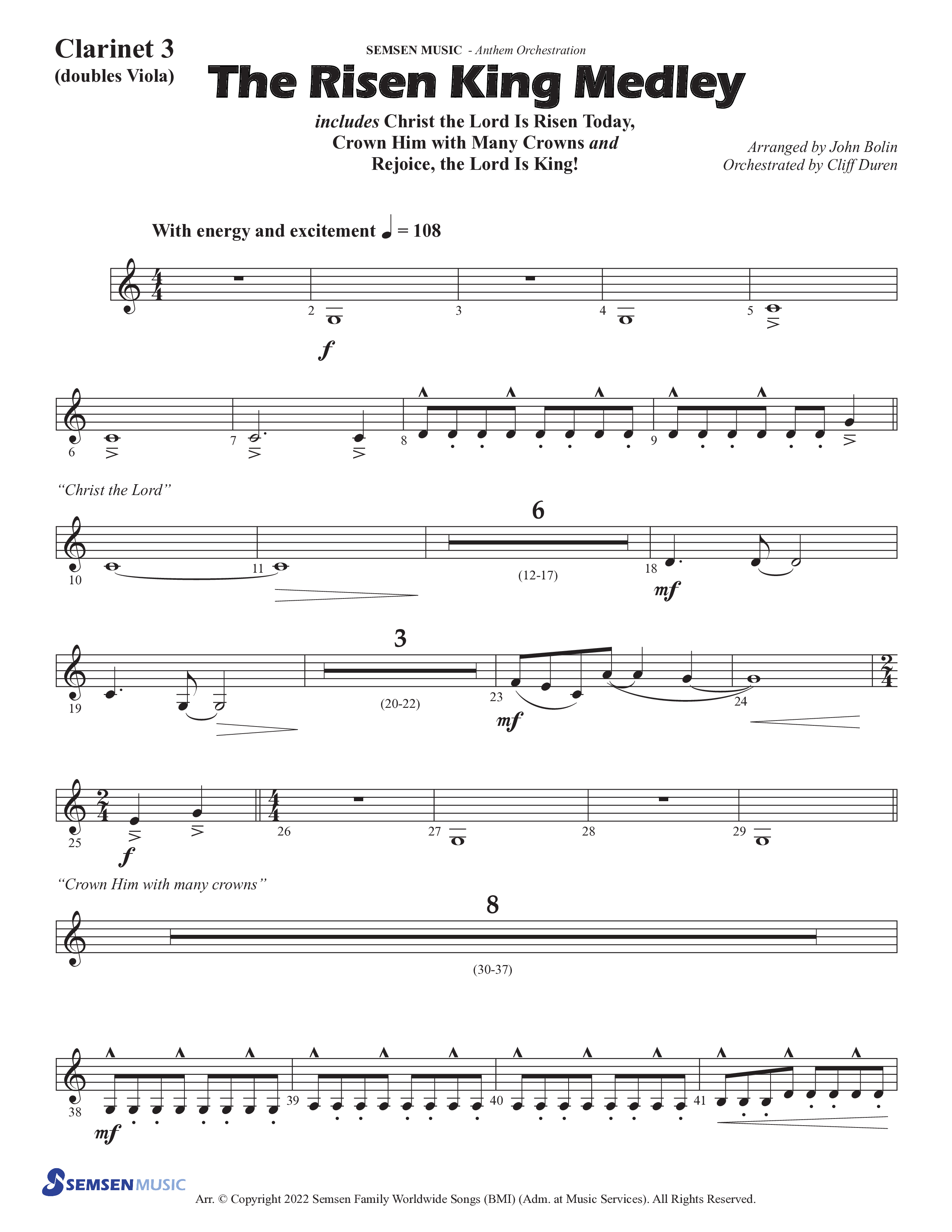 The Risen King Medley (Choral Anthem SATB) Clarinet 3 (Semsen Music / Arr. John Bolin / Orch. Cliff Duren)
