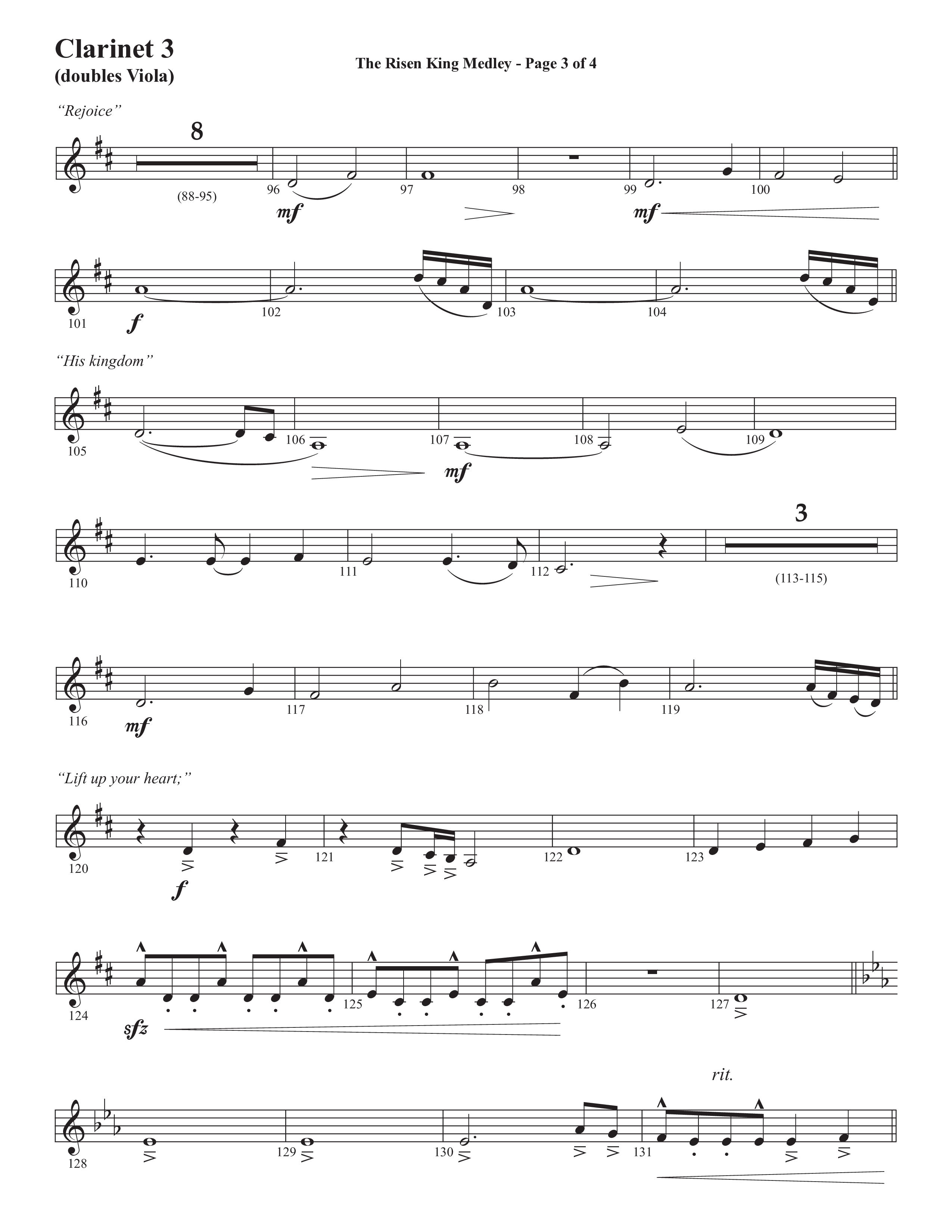 The Risen King Medley (Choral Anthem SATB) Clarinet 3 (Semsen Music / Arr. John Bolin / Orch. Cliff Duren)