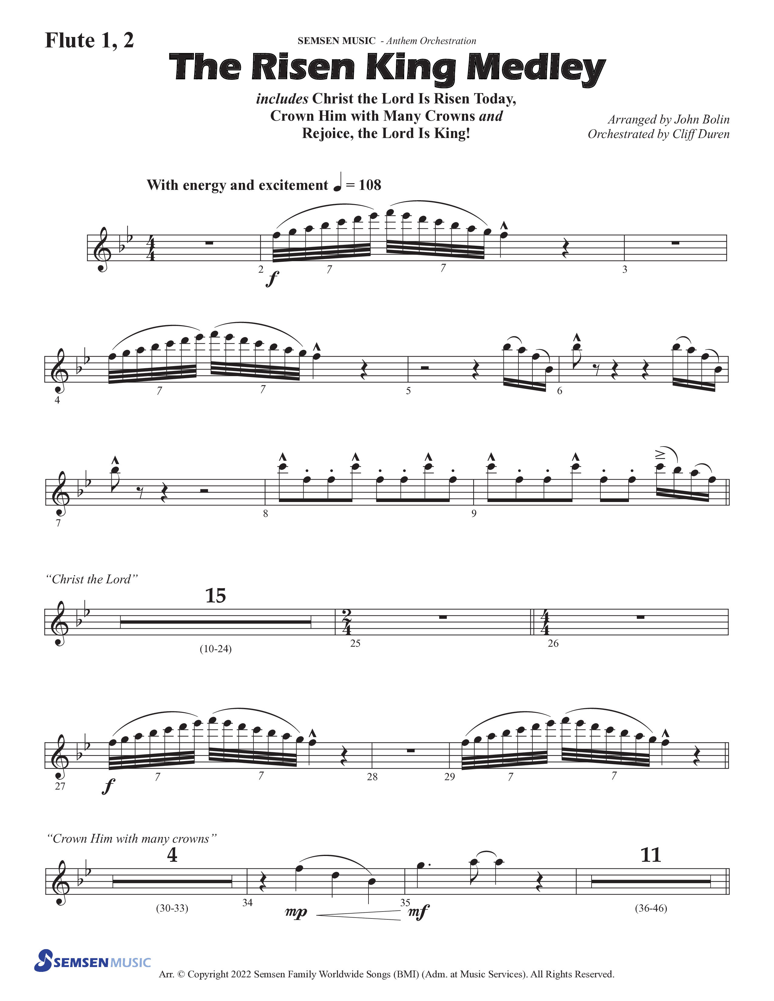 The Risen King Medley (Choral Anthem SATB) Flute 1/2 (Semsen Music / Arr. John Bolin / Orch. Cliff Duren)
