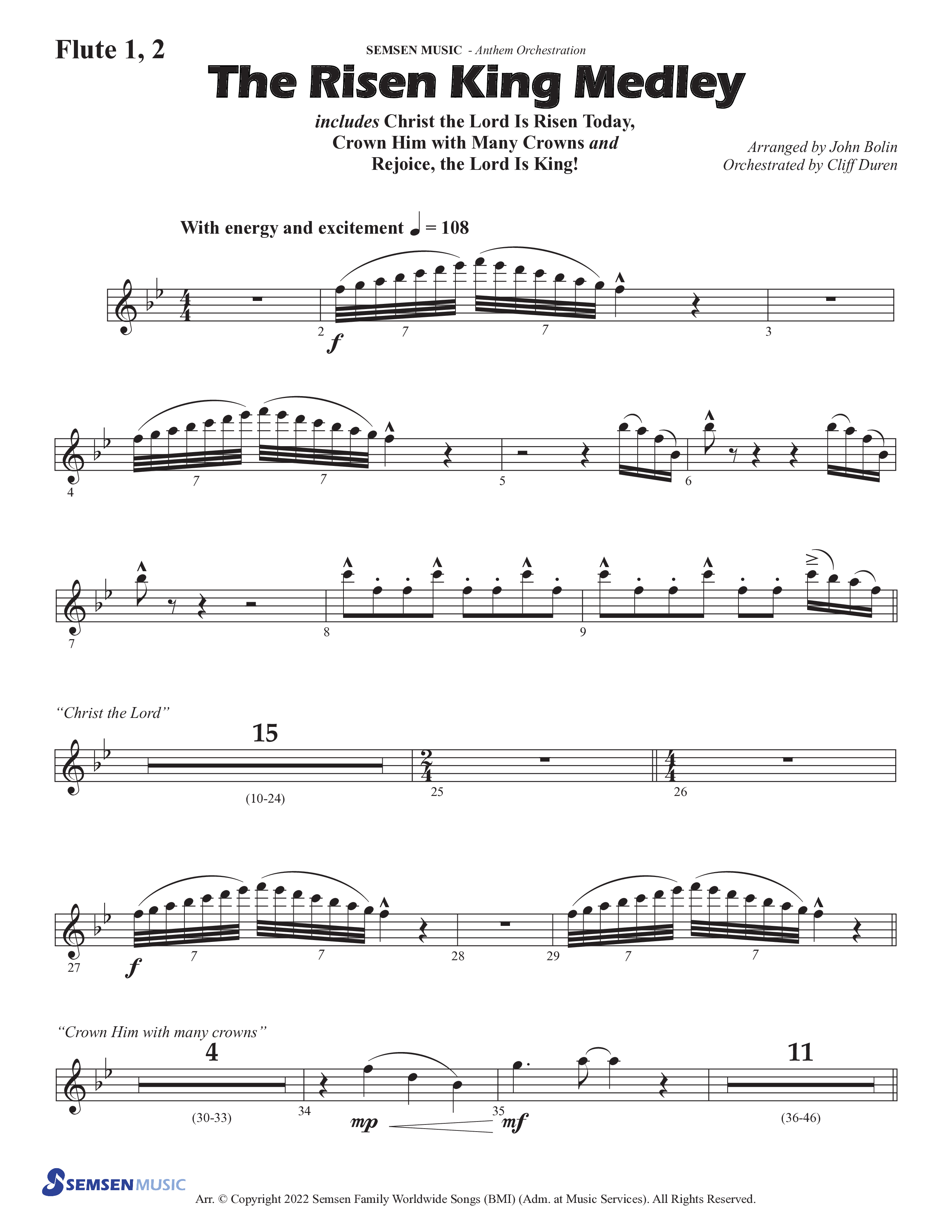 The Risen King Medley (Choral Anthem SATB) Flute 1/2 (Semsen Music / Arr. John Bolin / Orch. Cliff Duren)