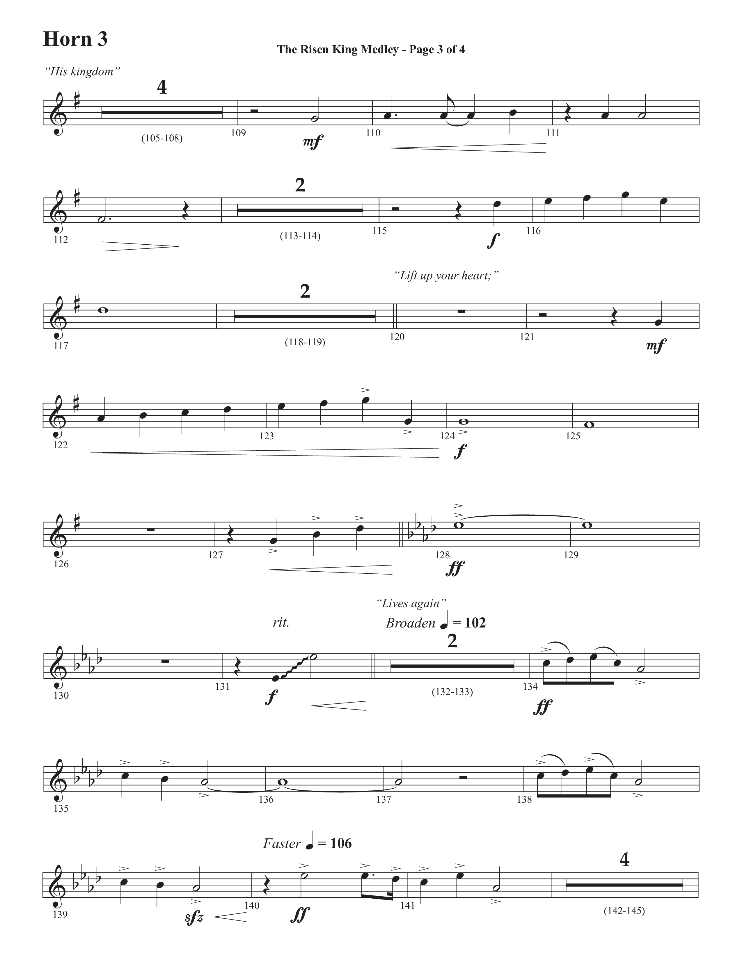 The Risen King Medley (Choral Anthem SATB) French Horn 3 (Semsen Music / Arr. John Bolin / Orch. Cliff Duren)