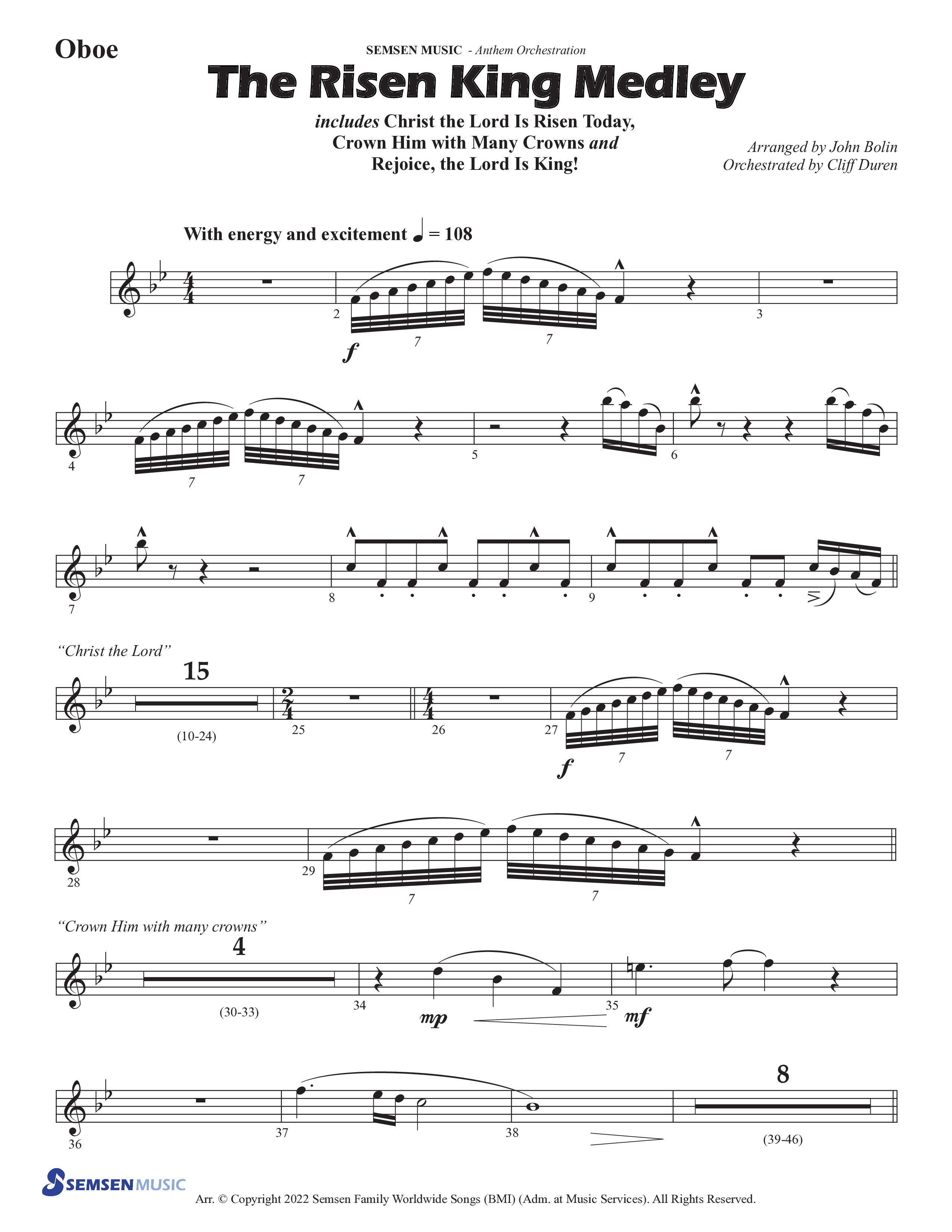 The Risen King Medley (Choral Anthem SATB) Oboe (Semsen Music / Arr. John Bolin / Orch. Cliff Duren)