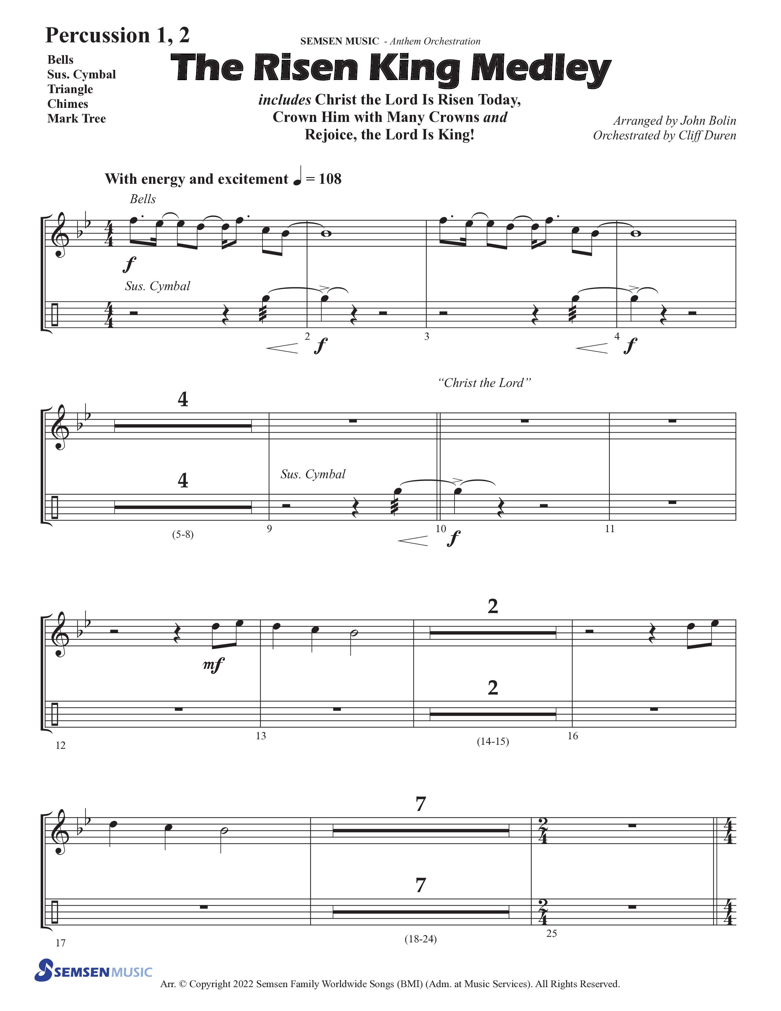 The Risen King Medley (Choral Anthem SATB) Percussion 1/2 (Semsen Music / Arr. John Bolin / Orch. Cliff Duren)