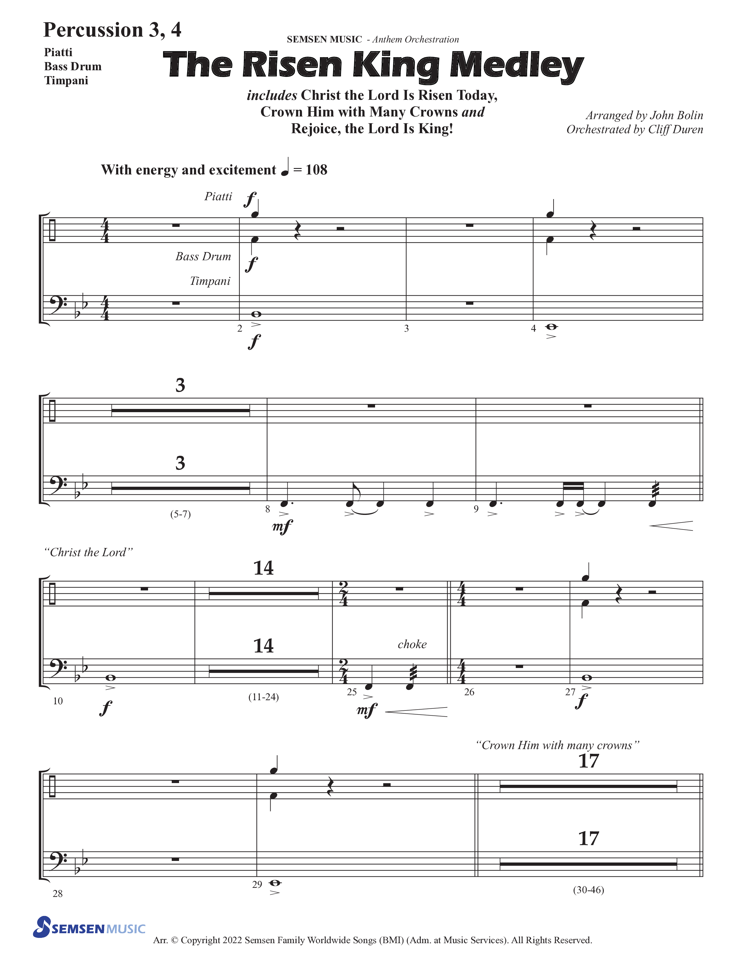 The Risen King Medley (Choral Anthem SATB) Percussion (Semsen Music / Arr. John Bolin / Orch. Cliff Duren)