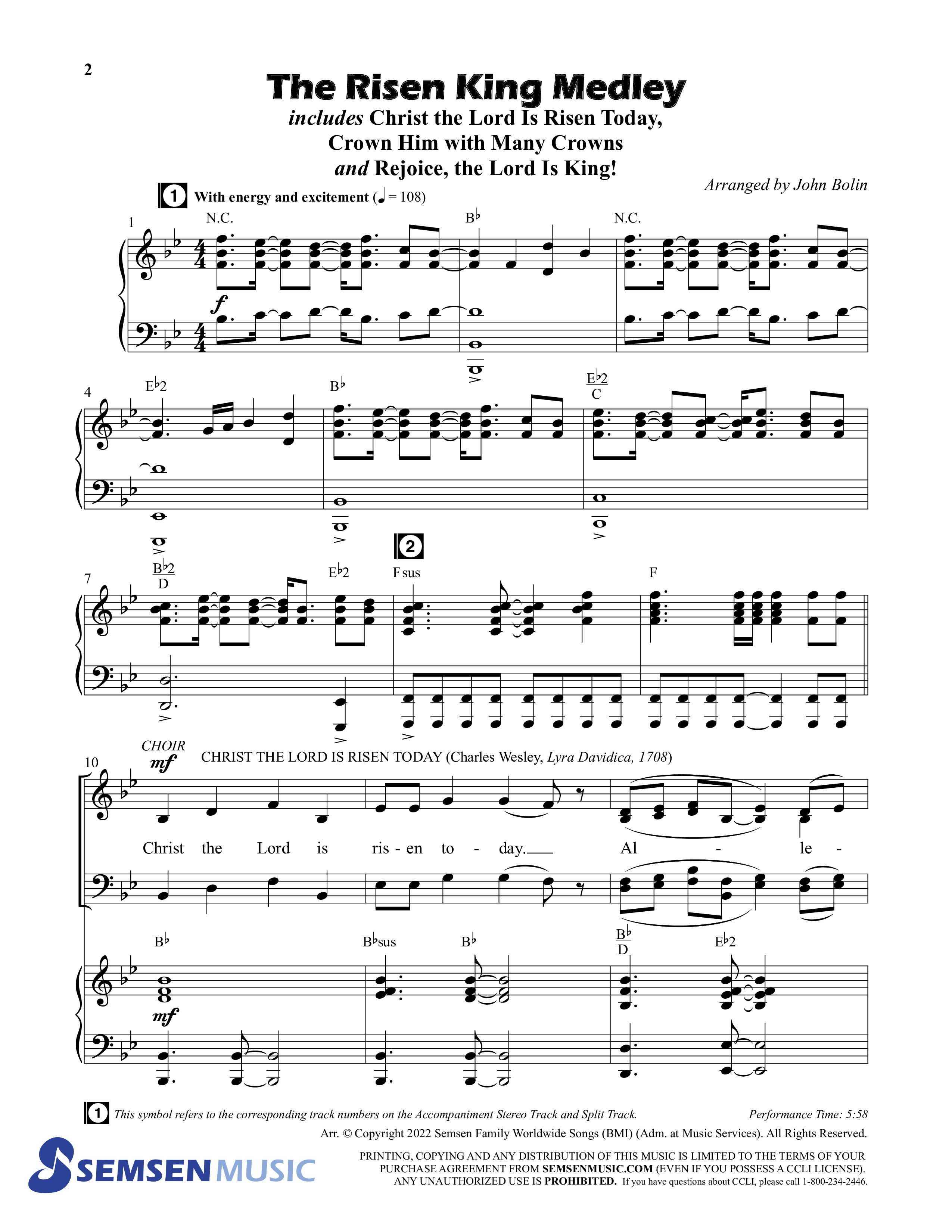 The Risen King Medley (Choral Anthem SATB) Anthem (SATB/Piano) (Semsen Music / Arr. John Bolin / Orch. Cliff Duren)