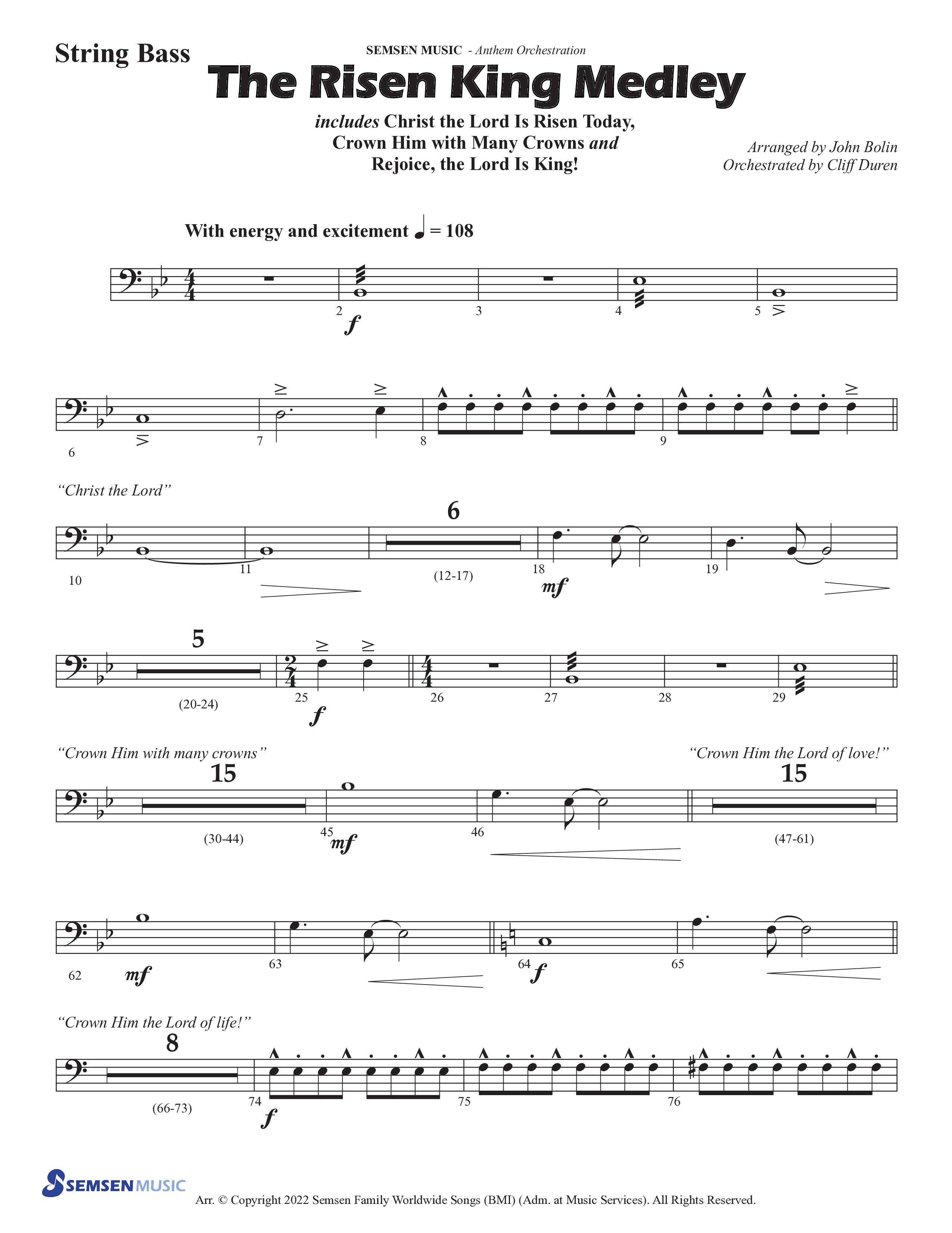 The Risen King Medley (Choral Anthem SATB) String Bass (Semsen Music / Arr. John Bolin / Orch. Cliff Duren)
