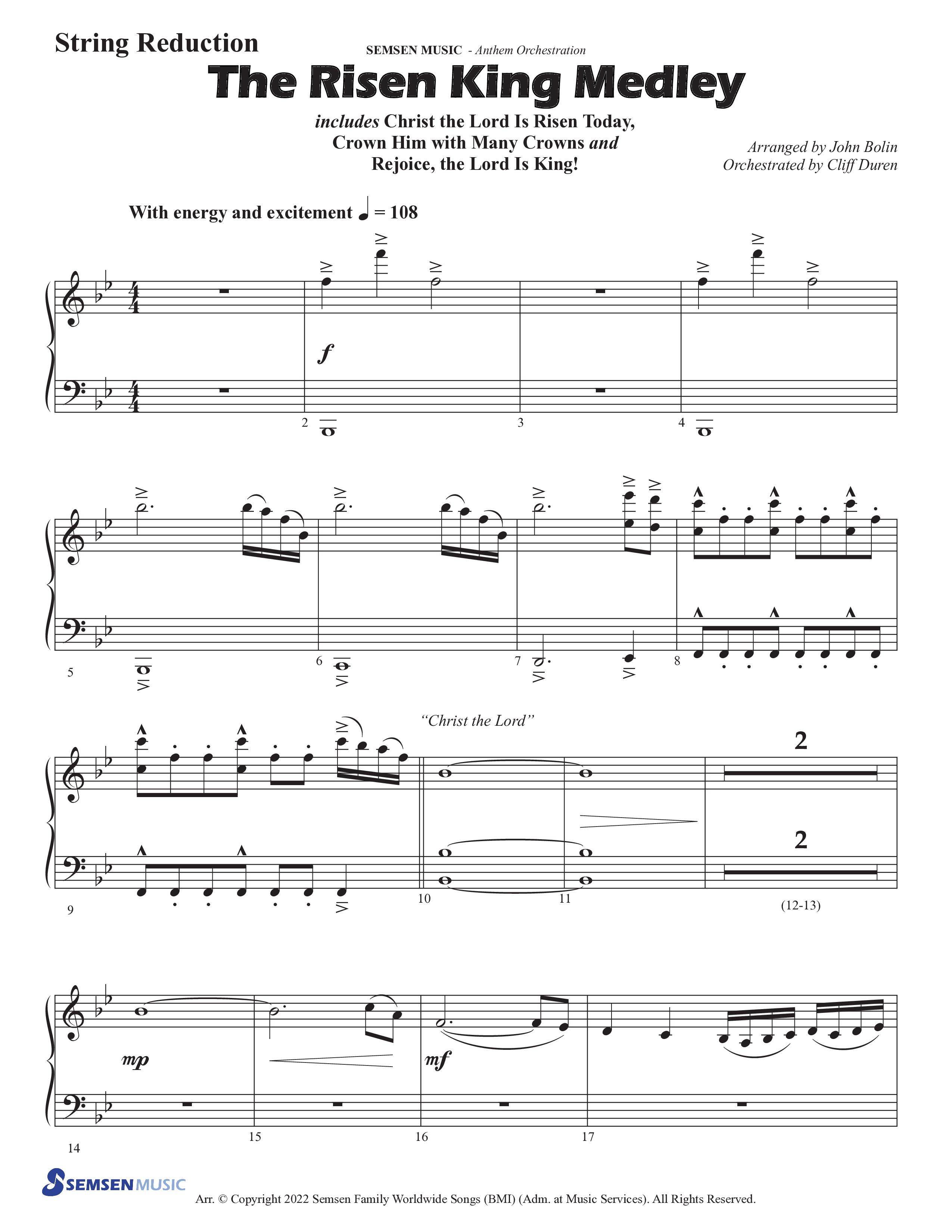 The Risen King Medley (Choral Anthem SATB) String Reduction (Semsen Music / Arr. John Bolin / Orch. Cliff Duren)